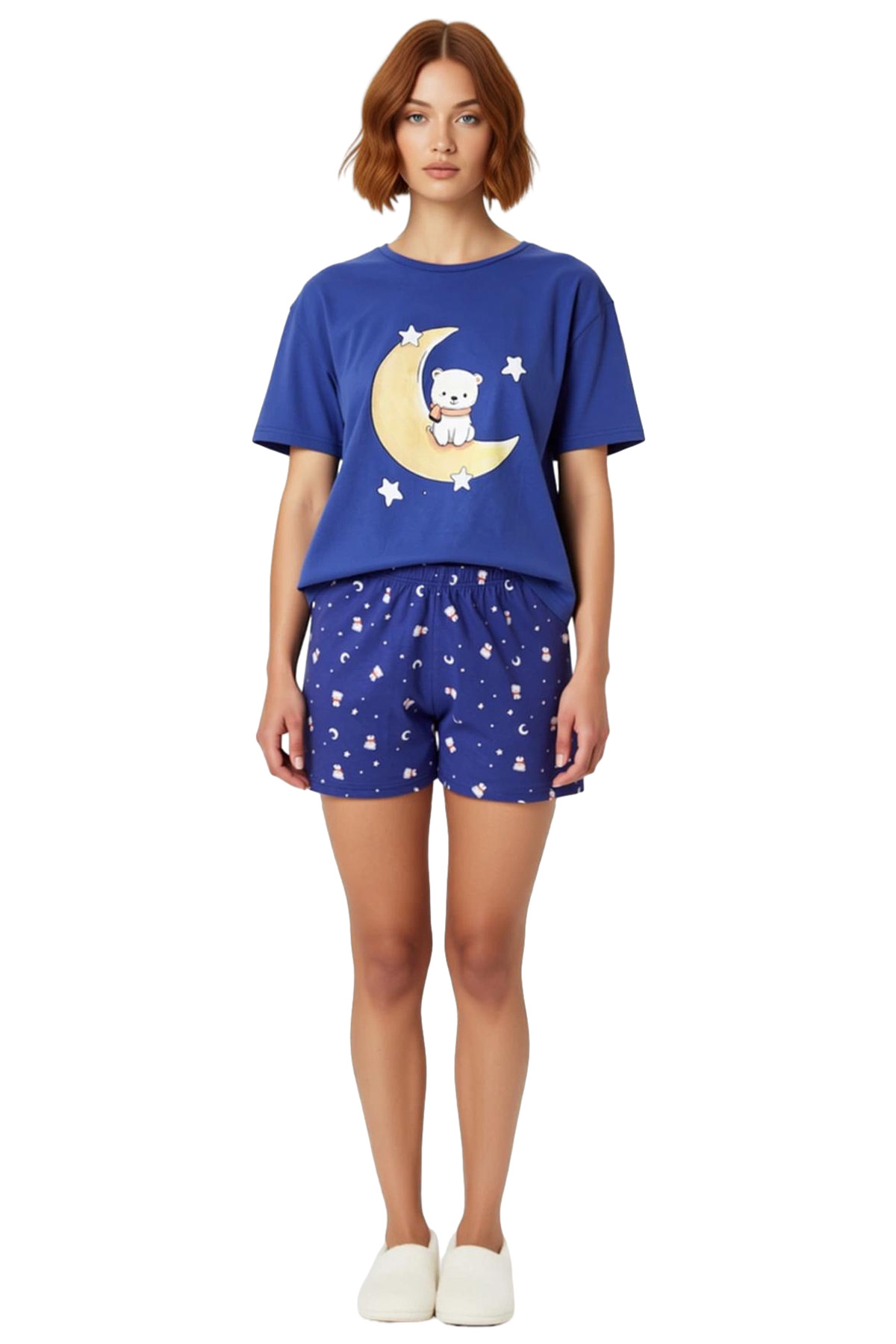 Kadın Ayıcıklı Desenli Pamuklu Kısa Kollu Pijama Takımı Trend Tasarım Rahat Kullanım Modern Stil