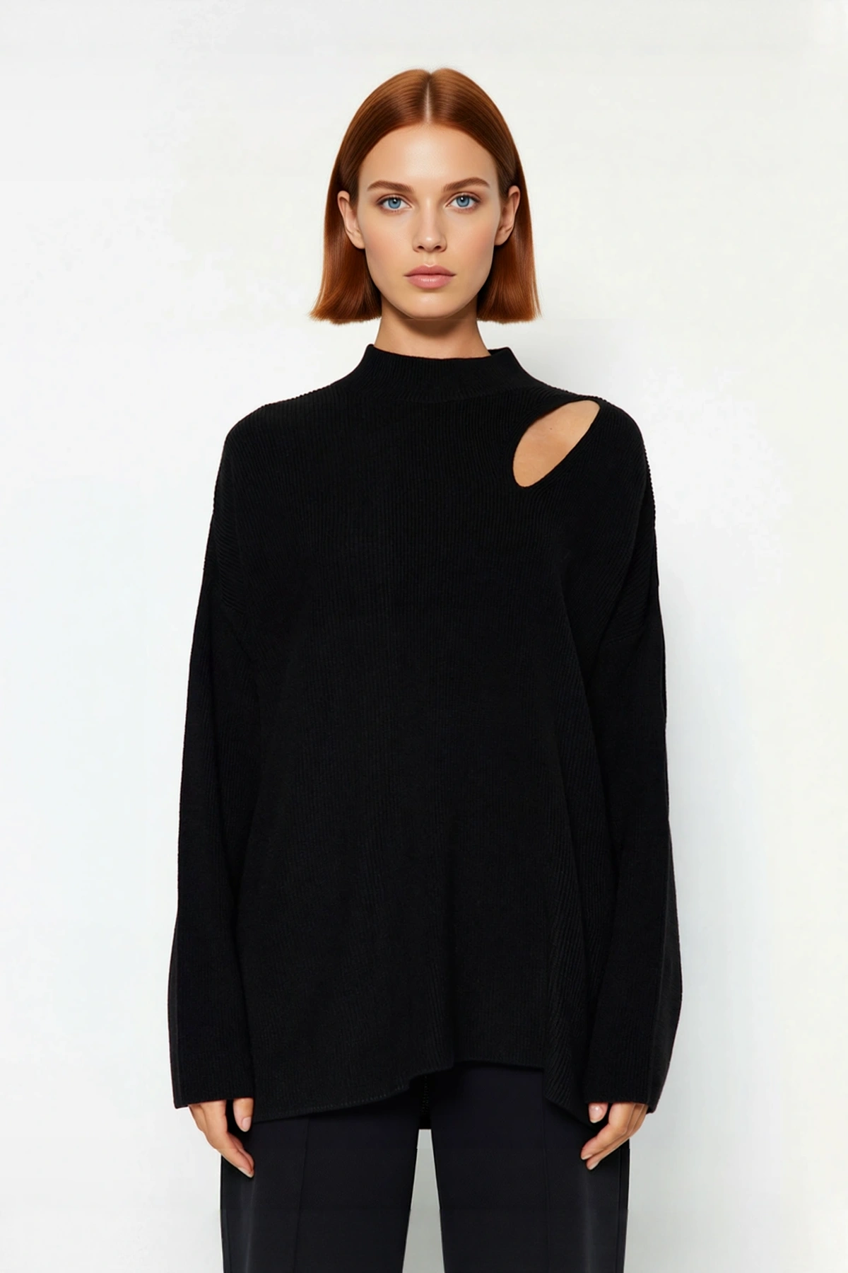 Kadın Oversize Cut Out Detaylı Siyah Triko Kazak Akrilik Fitilli Uzun Kollu Kışlık Kombinlerinize