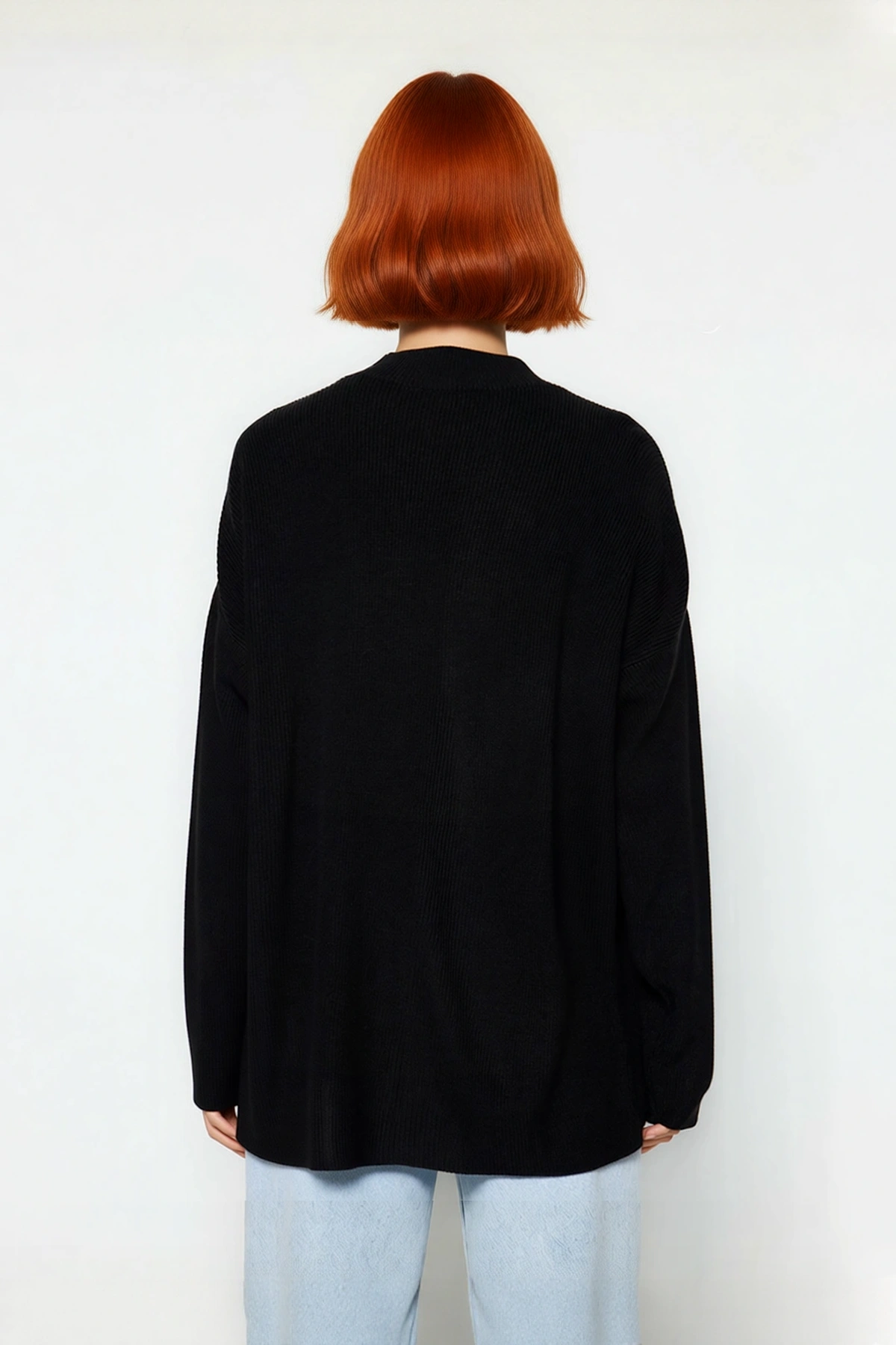 Kadın Oversize Cut Out Detaylı Siyah Triko Kazak Akrilik Fitilli Uzun Kollu Kışlık Kombinlerinize