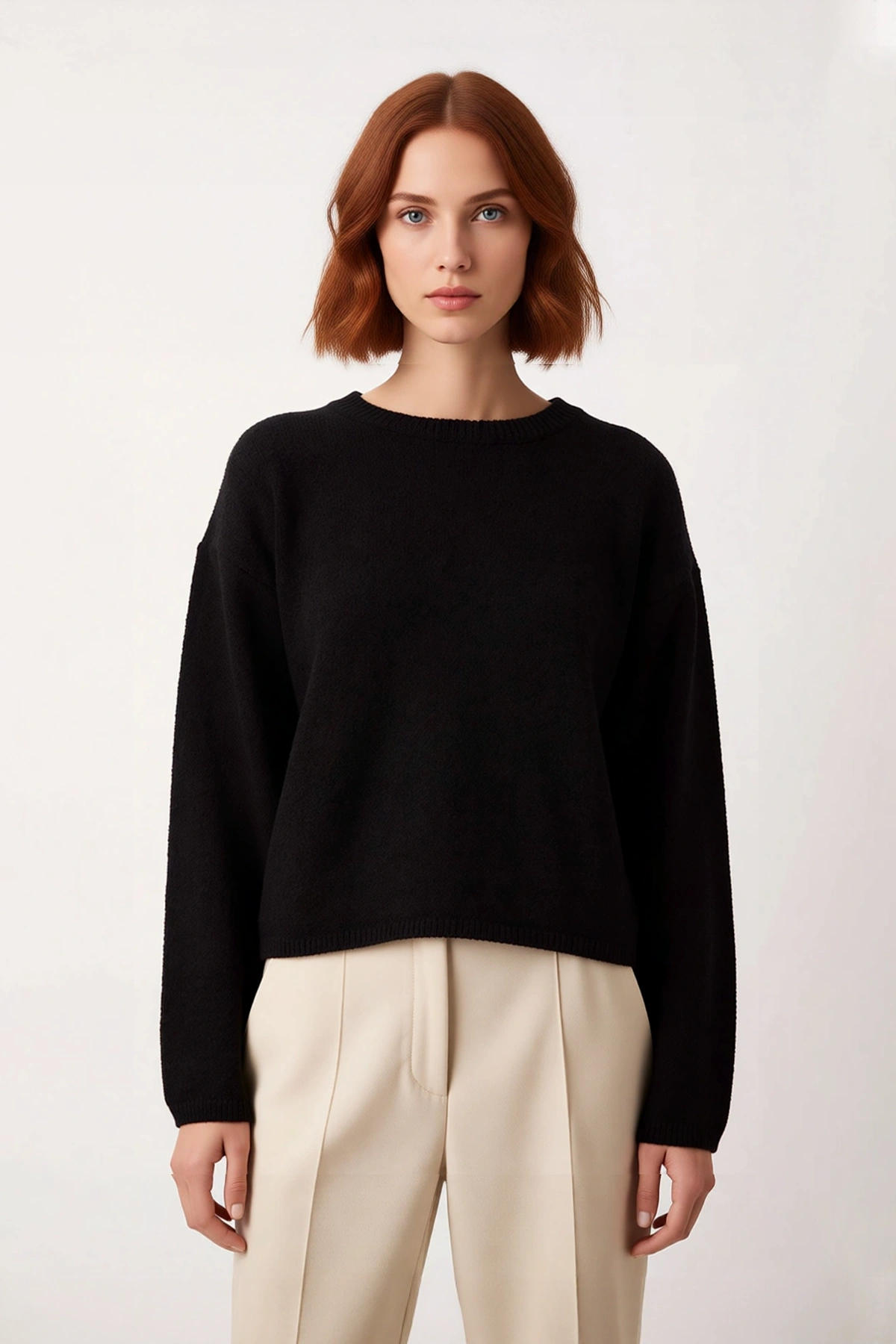 Kadın Oversize Fit Düşük Kol Bisiklet Yaka Basic Triko Kazak Casual Günlük Kış Şıklığı Sunar