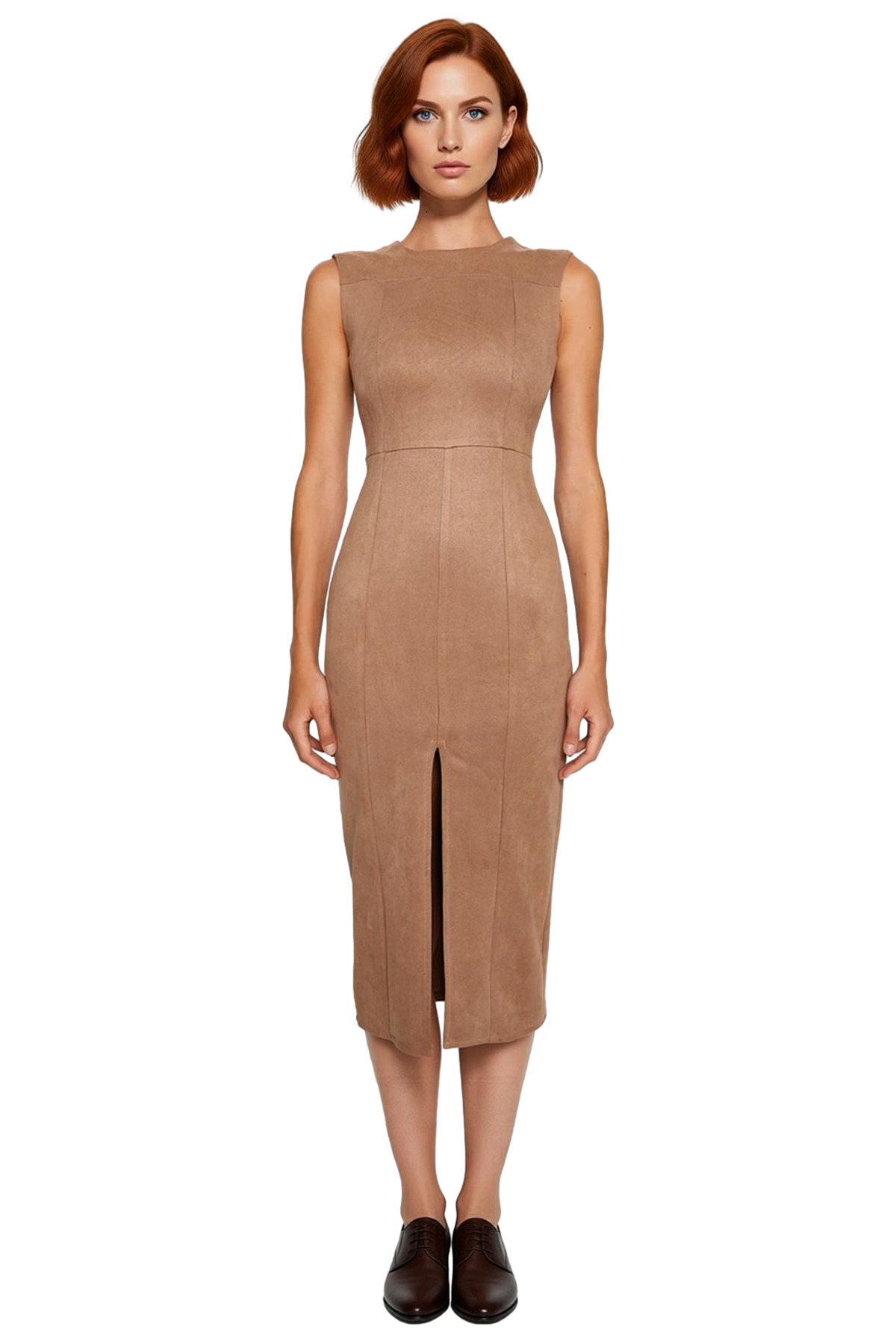 Kadınlara Özel Smart Bodycon Süet Dokuma Midi Elbise Kolsuz Şık Tasarımıyla Gündüzden Geceye.
