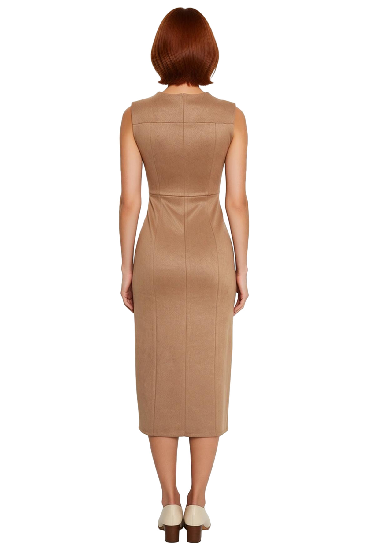 Kadınlara Özel Smart Bodycon Süet Dokuma Midi Elbise Kolsuz Şık Tasarımıyla Gündüzden Geceye.