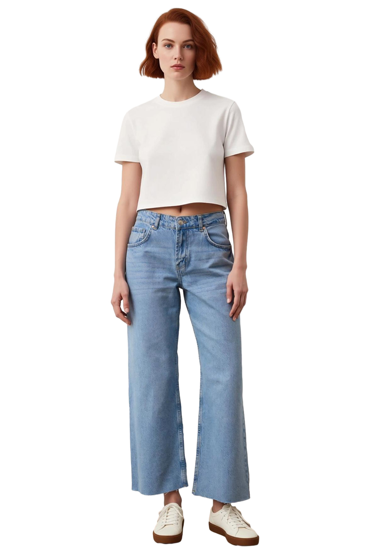 Kadın Kesik Paça Straight Fit Denim Pantolon Fonksiyonel Dayanıklı Kaliteli Konforlu Rahat