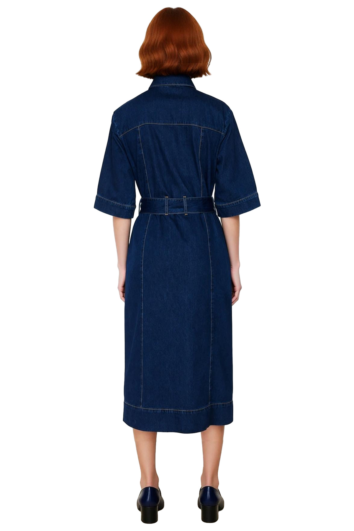 Kadınlar İçin %100 Pamuk Mavi Denim Kemerli Maxi Elbise Gömlek Yaka Kısa Kollu Şık ve Konforlu