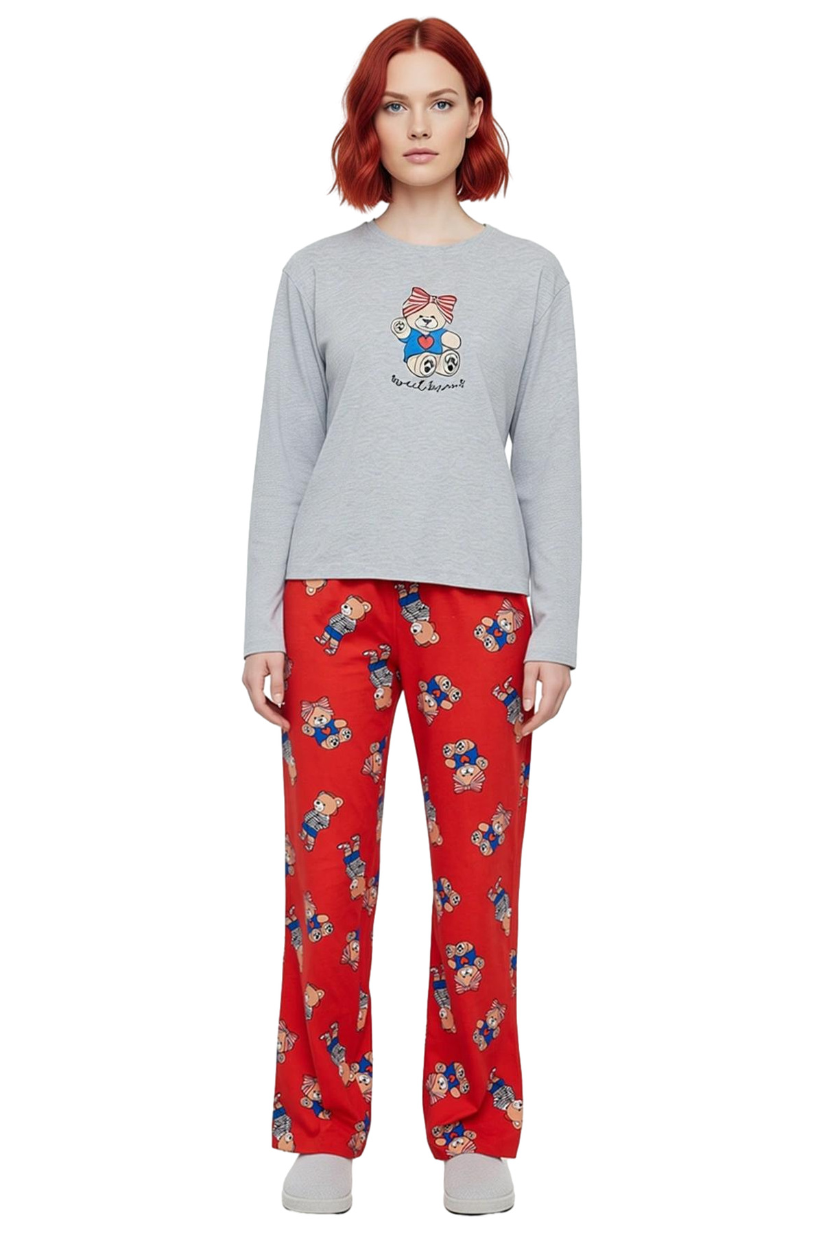 Kadın Melanj Ayıcıklı Pijama Takımı Kışlık Rahat Ev Giyim Seti Şık Görünüm Dayanıklı Malzeme