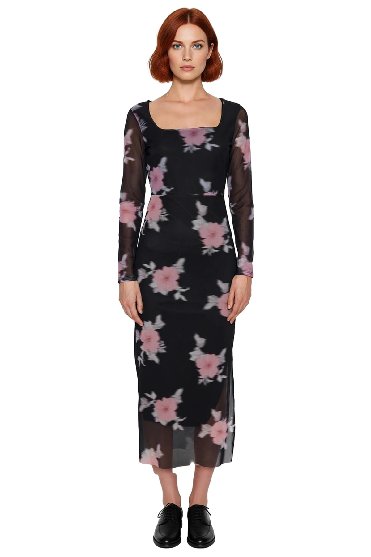 Kadınlar İçin Çiçekli Tül Bodycon Maxi Elbise Kare Yaka Uzun Standart Kollu Şık Tasarım Kaliteli
