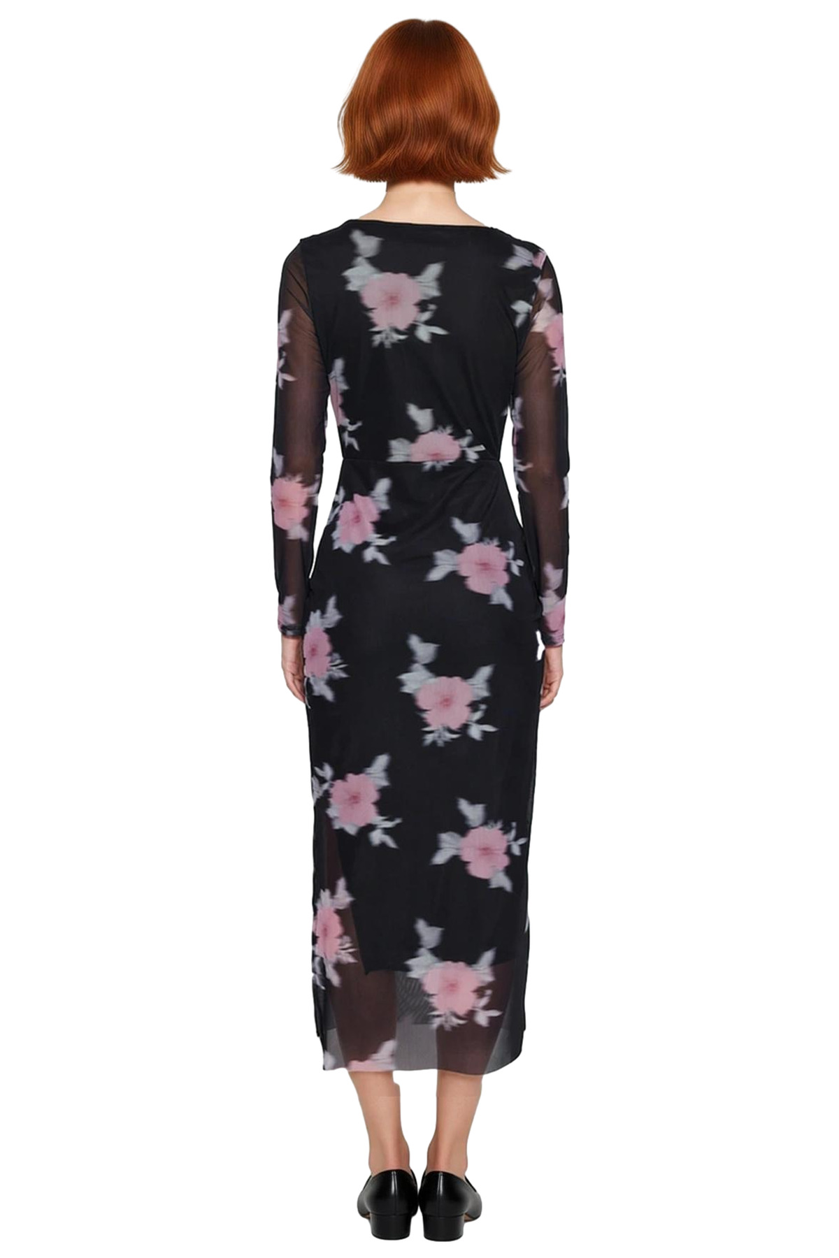 Kadınlar İçin Çiçekli Tül Bodycon Maxi Elbise Kare Yaka Uzun Standart Kollu Şık Tasarım Kaliteli
