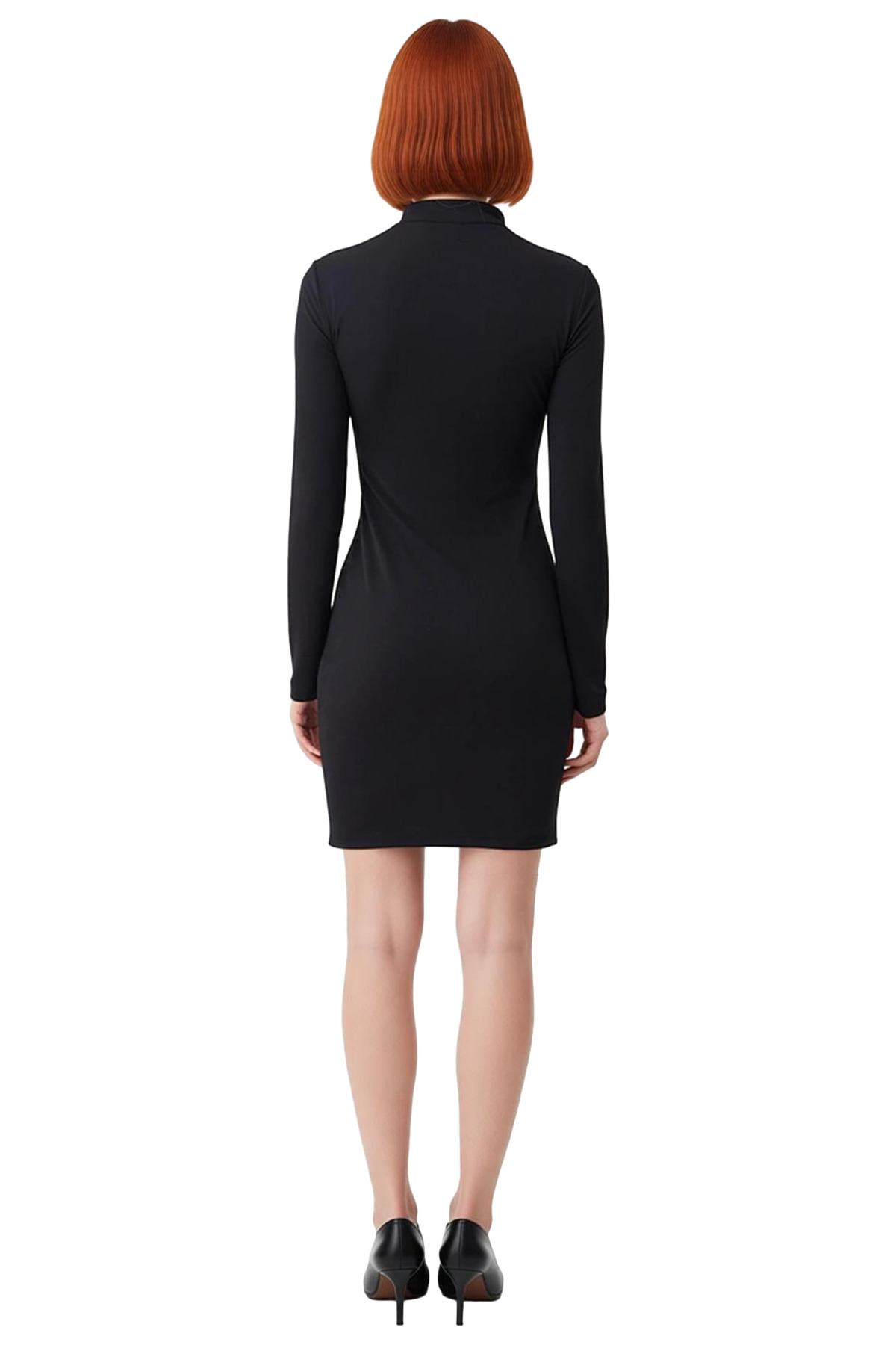 Kadın Siyah Bodycon Mini Elbise Dik Yaka Uzun Kol Bağlama Detaylı Sandy Örme Kış Şıklığı Kaliteli
