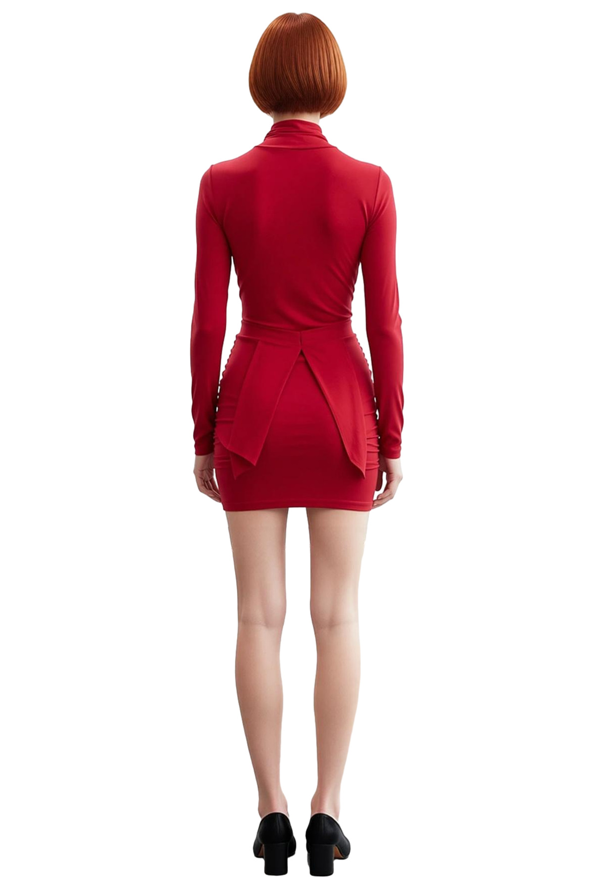 Kadın Kırmızı Bodycon Uzun Kollu Dik Yaka Örme Mini Elbise Şık ve Modern Kış Kombinleri İçin İdeal