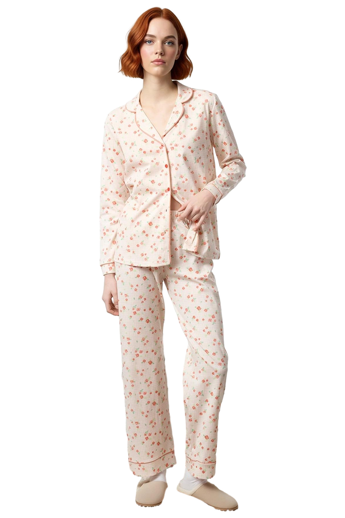 Kadın Çiçekli Gömlek Yaka Uzun Kollu Pijama Takımı Fonksiyonel Dayanıklı Kaliteli Konforlu