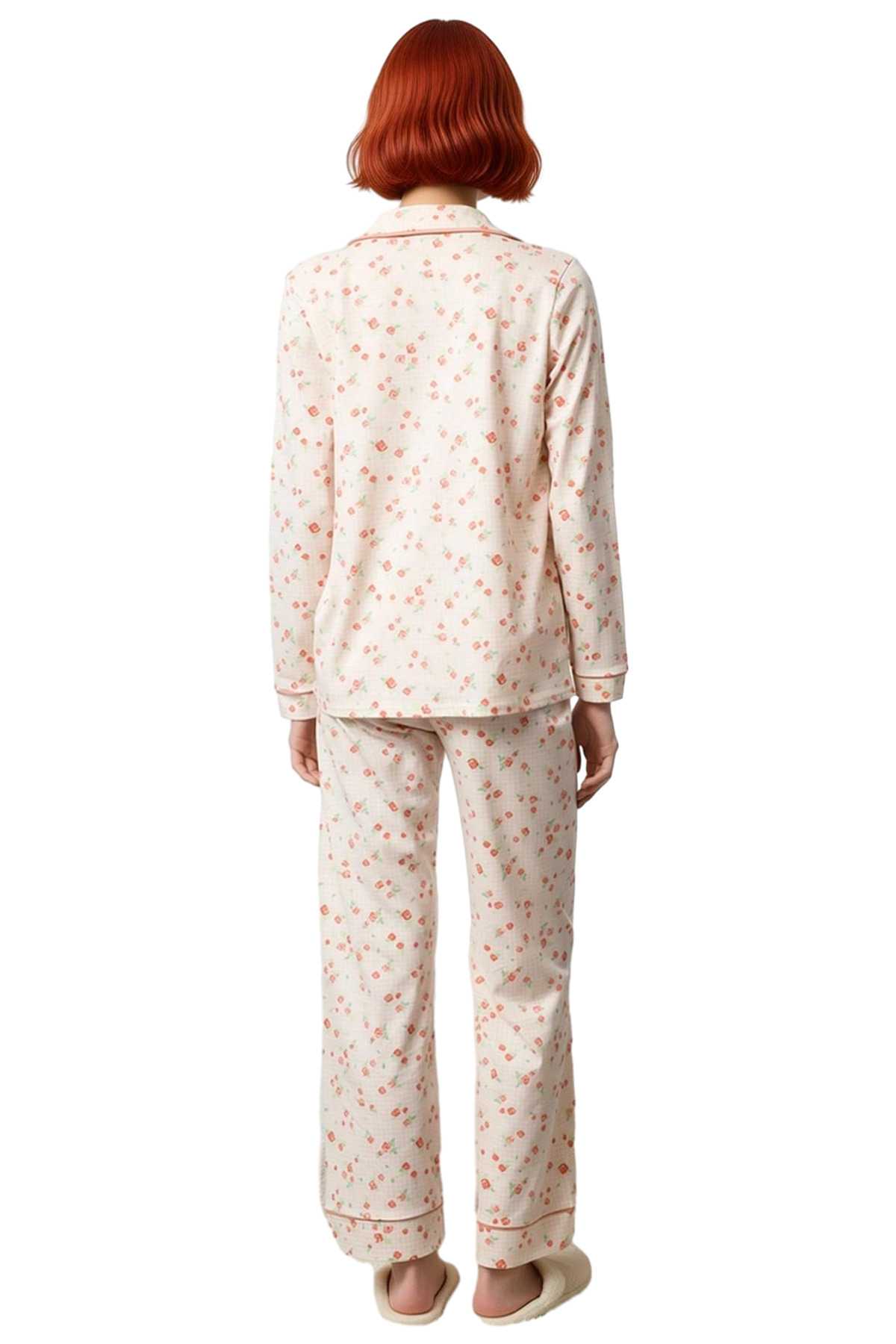 Kadın Çiçekli Gömlek Yaka Uzun Kollu Pijama Takımı Fonksiyonel Dayanıklı Kaliteli Konforlu