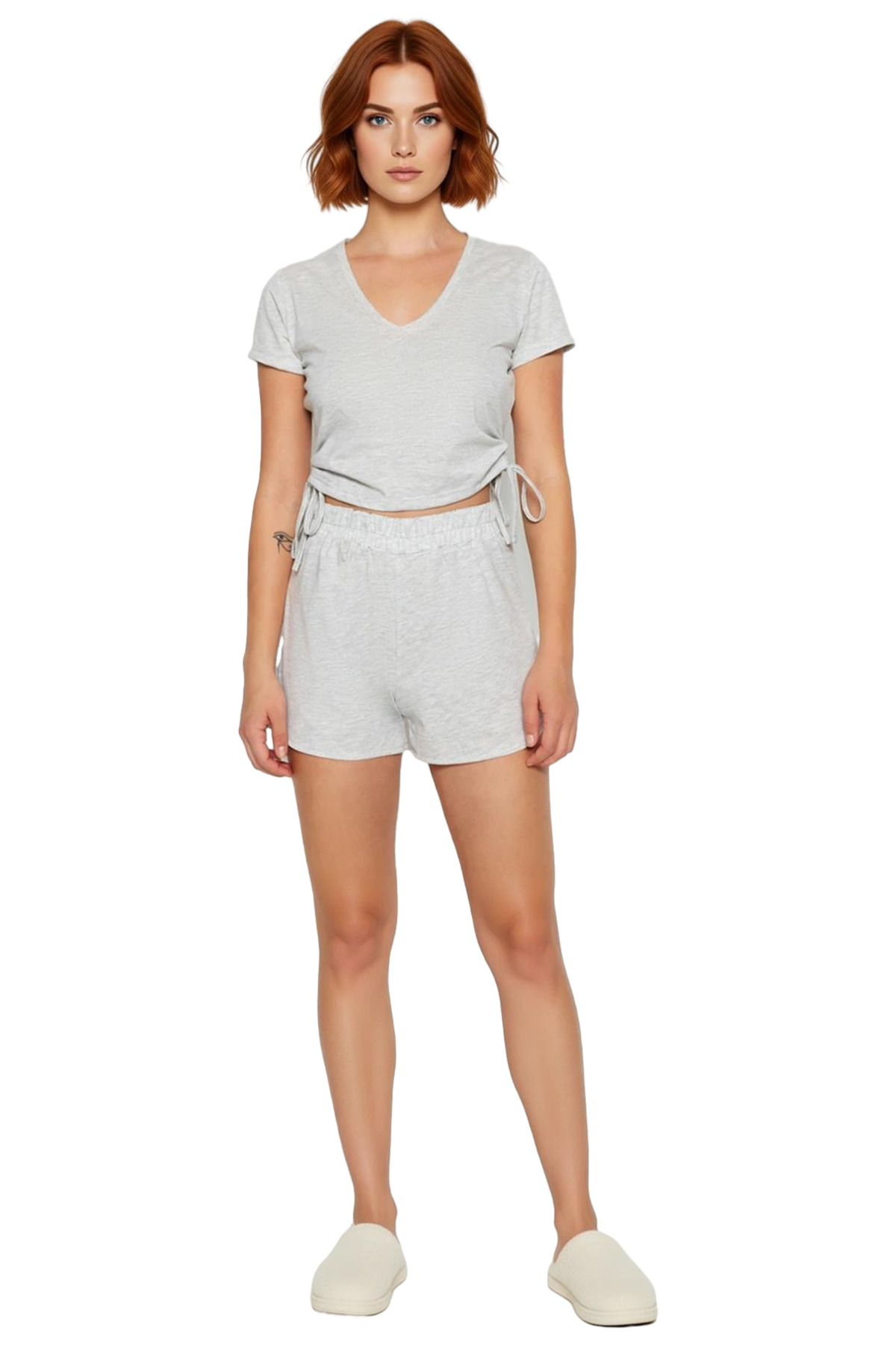 Kadın Örme Pijama Takımı Regular Kalıp V Yaka Büzgülü Detay %54 Polyester %46 Pamuk