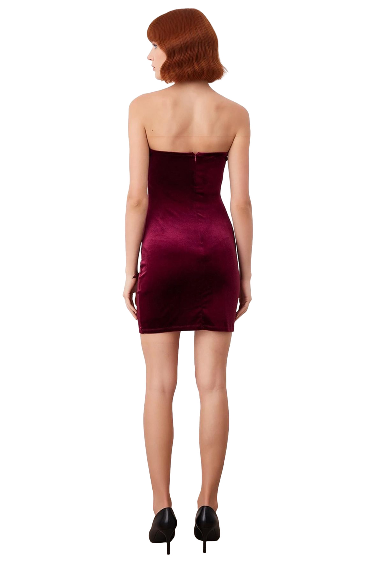 Kadın Bodycon Straplez Bordo Kadife Mini Kokteyl Elbise Şık ve Özel Davetler İçin İdeal Seçim