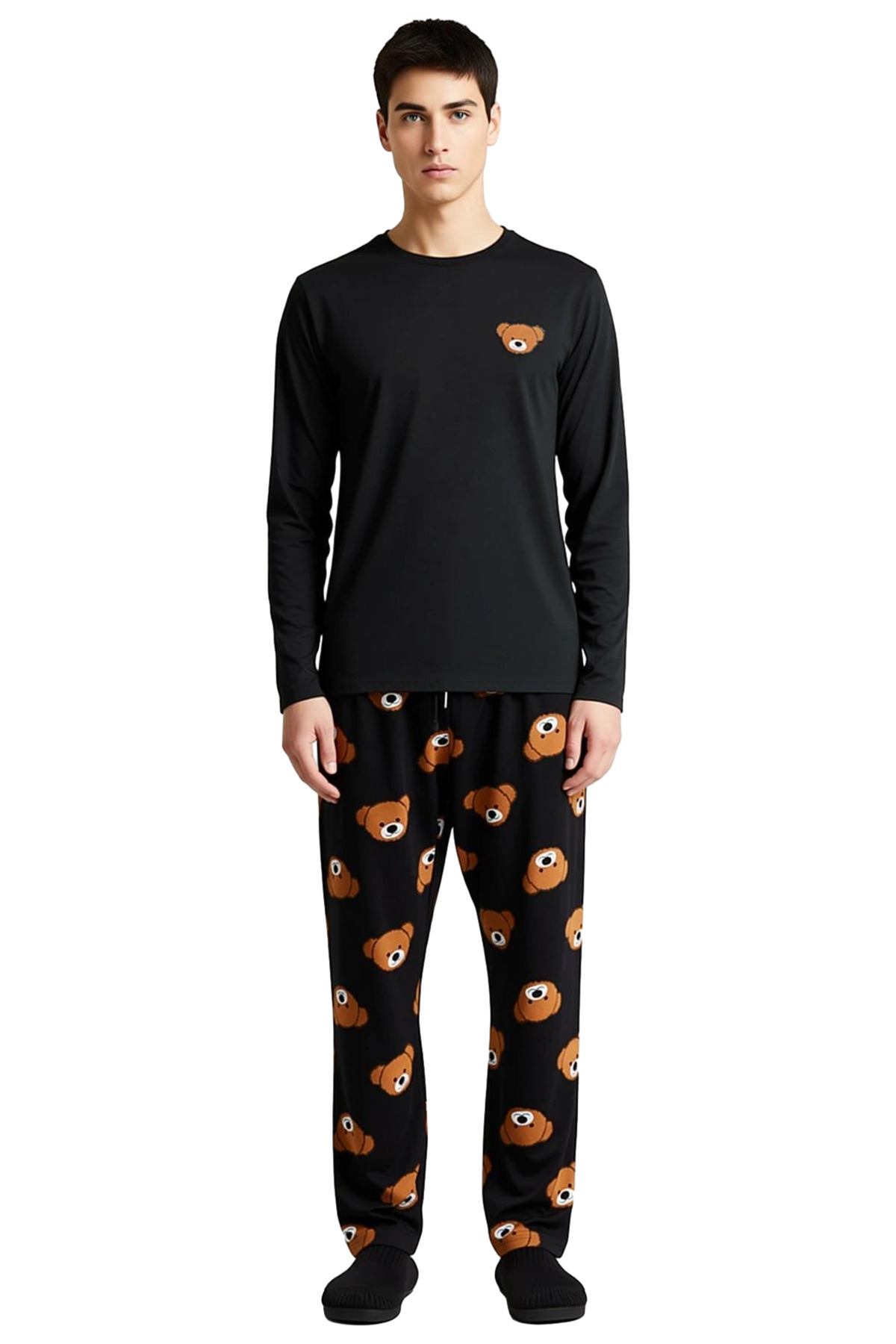 Erkek Ayıcık Baskılı Bisiklet Yaka Pijama Takımı Fonksiyonel Dayanıklı Kaliteli Konforlu Şık