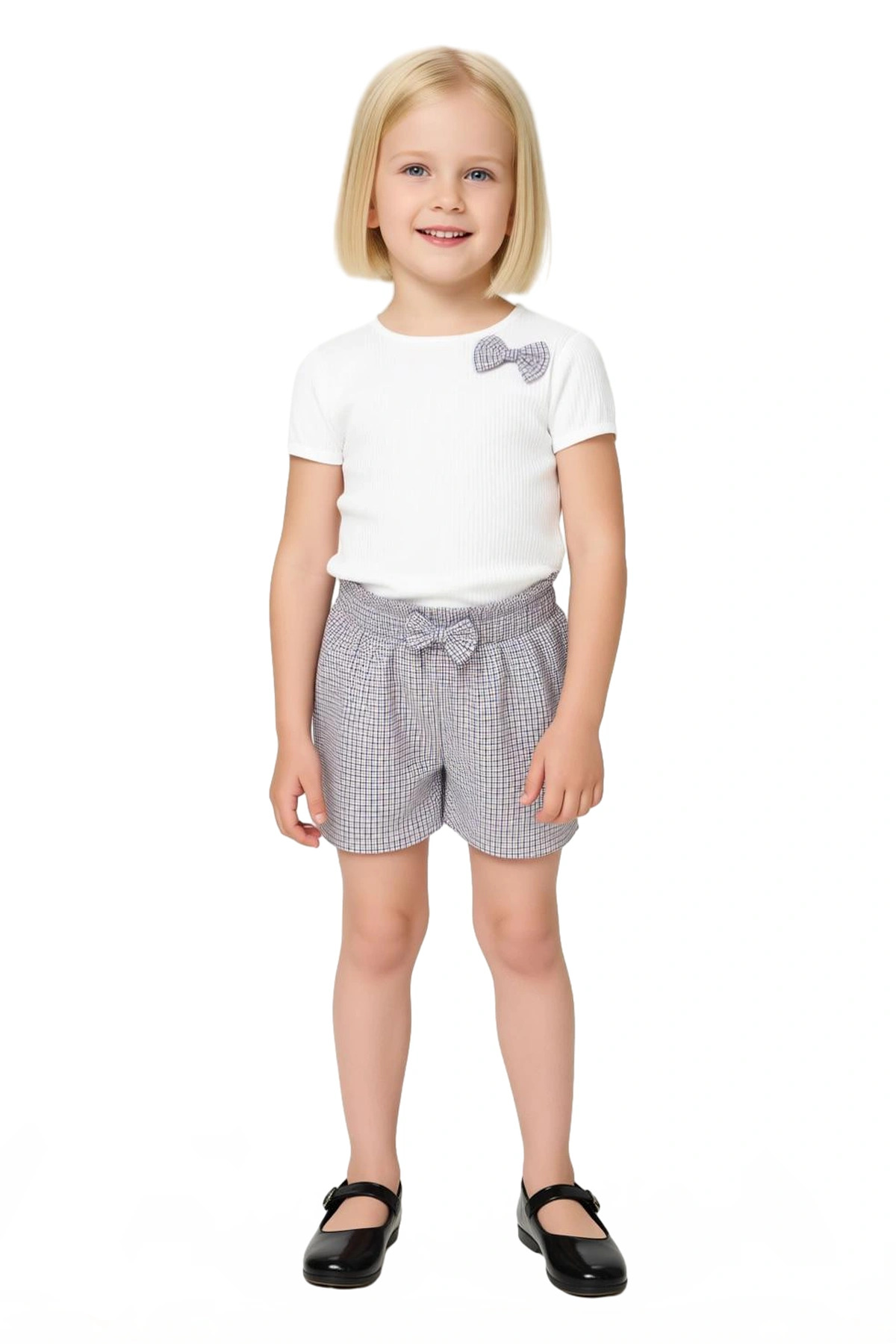 Kız Çocuk Ribana T shirt Ve Kare Desenli Şort Takımı Kaliteli Şık Rahat Günlük