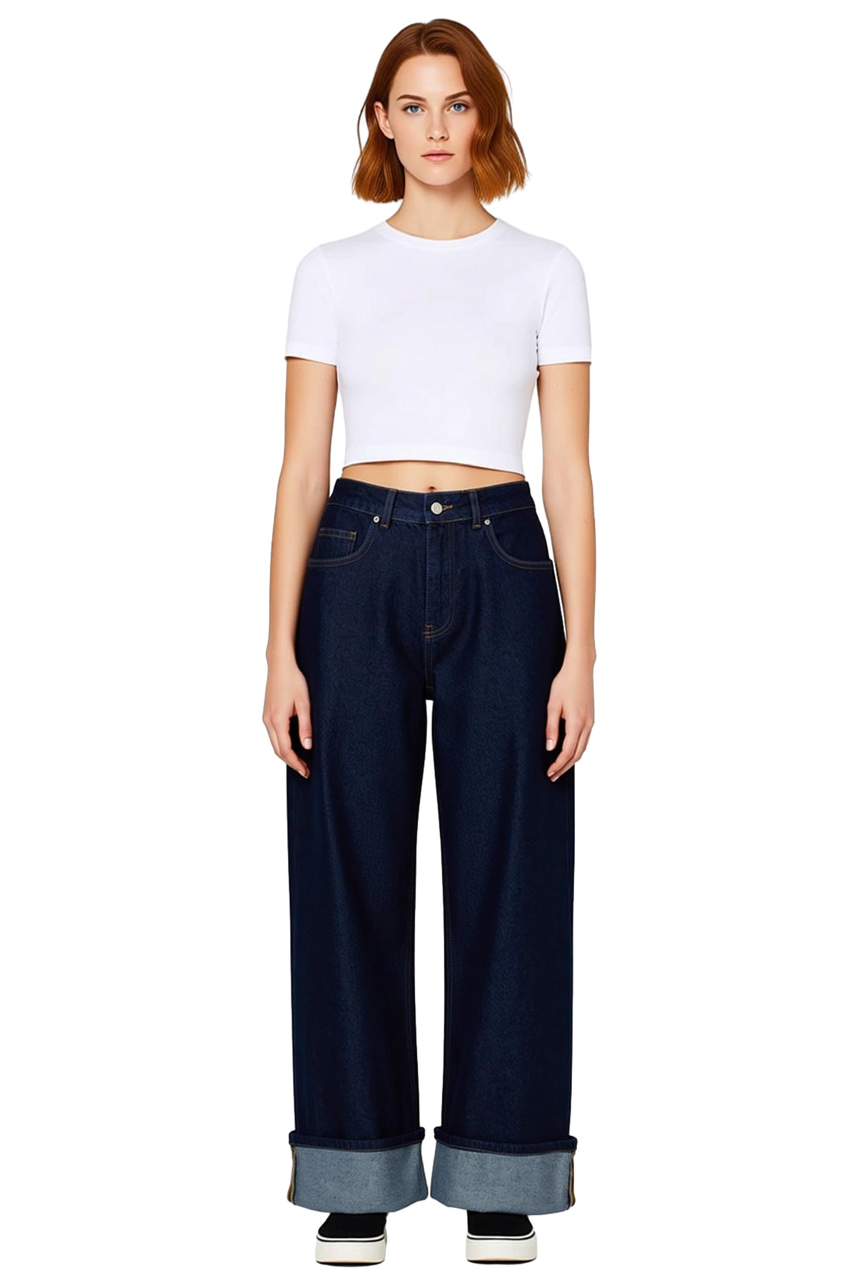 Kadın Koyu Wide Leg Jean Pantolon Paça Katlamalı Normal Bel Fonksiyonel Dayanıklı Kaliteli
