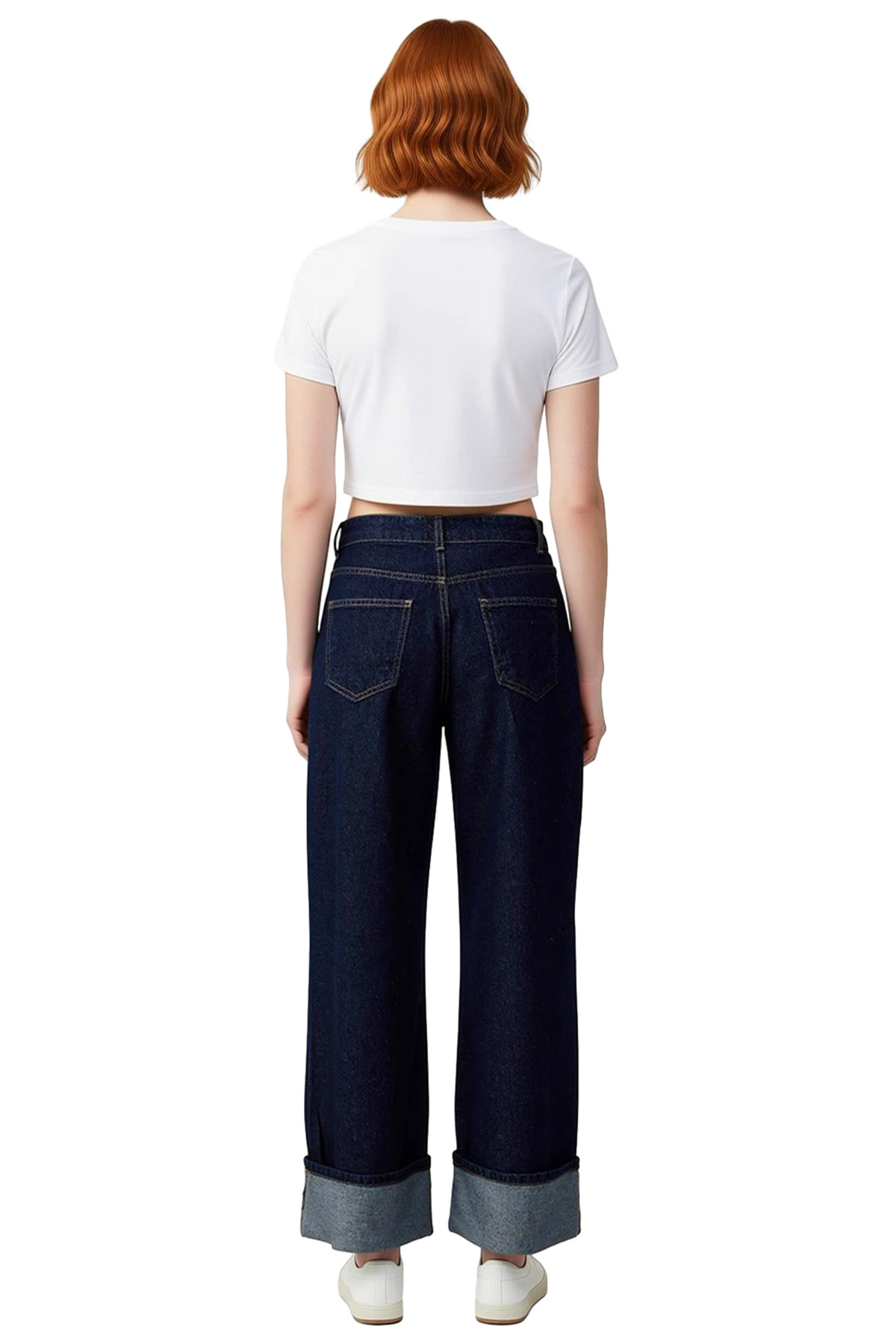 Kadın Koyu Wide Leg Jean Pantolon Paça Katlamalı Normal Bel Fonksiyonel Dayanıklı Kaliteli