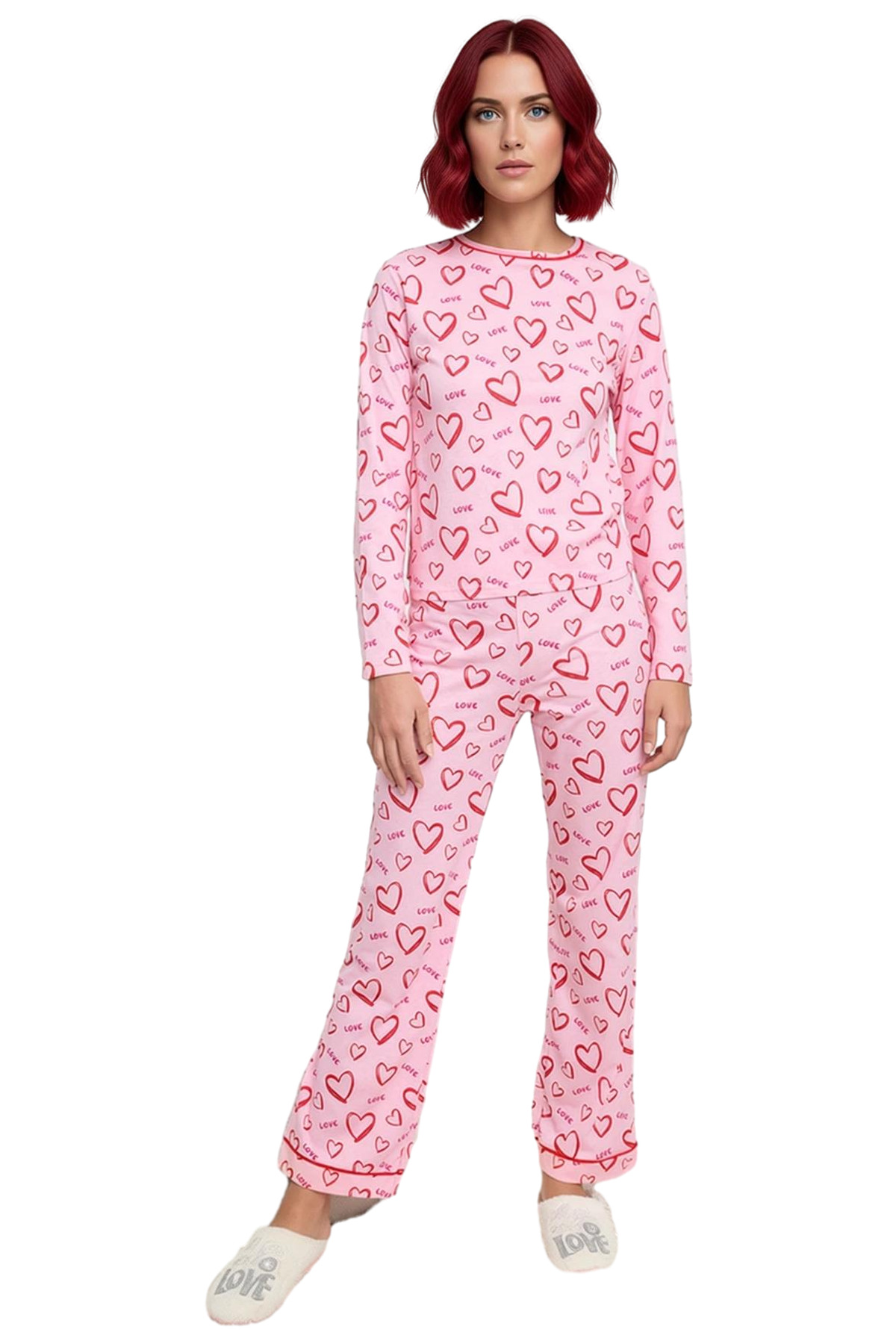 Kadın Kalpli Biyeli Pijama Takımı Fonksiyonel Dayanıklı Kaliteli Konforlu Estetik Premium Şık