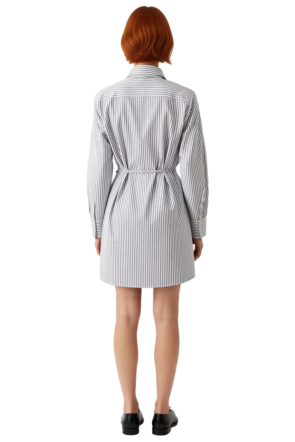 Kadın Fashion Forward Çizgili Gömlek Yaka Mini Dokuma Elbise Beyaz Gri Detaylı Casual Günlük