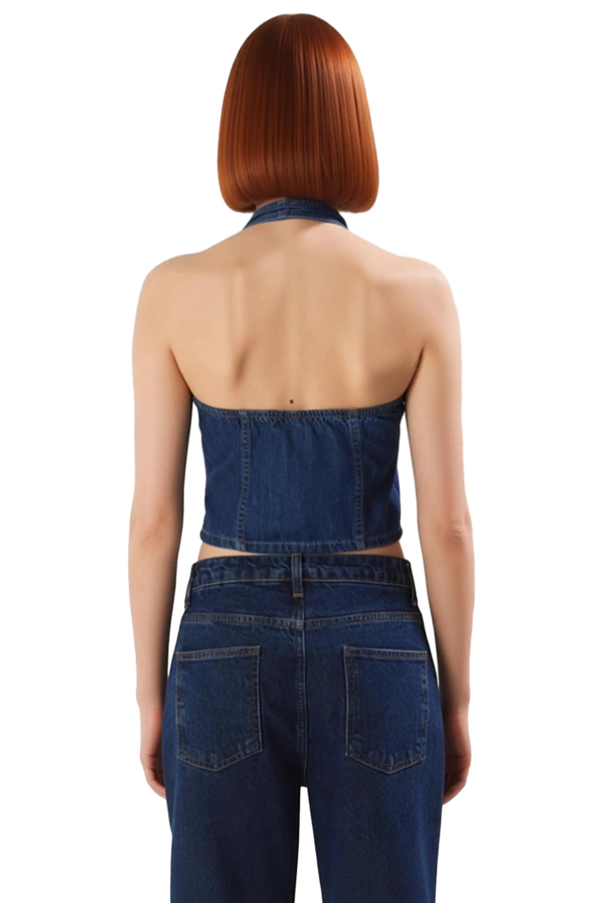 Kadın Denim Halter Yaka Crop Bluz Fitted Kalıp Günlük Yaz Profesyonel Görünüm Kullanım İçin