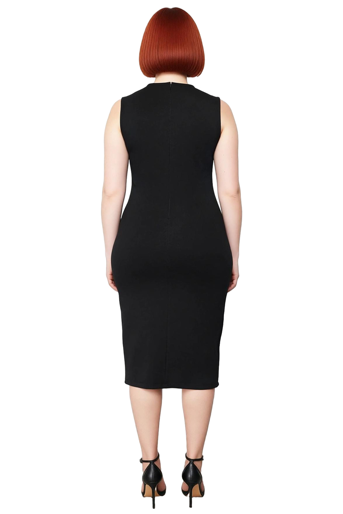 Kadın Siyah Bodycon Midi Örme Elbise Yırtmaç Detaylı Kolsuz Bisiklet Yaka Büyük Beden Şıklığı