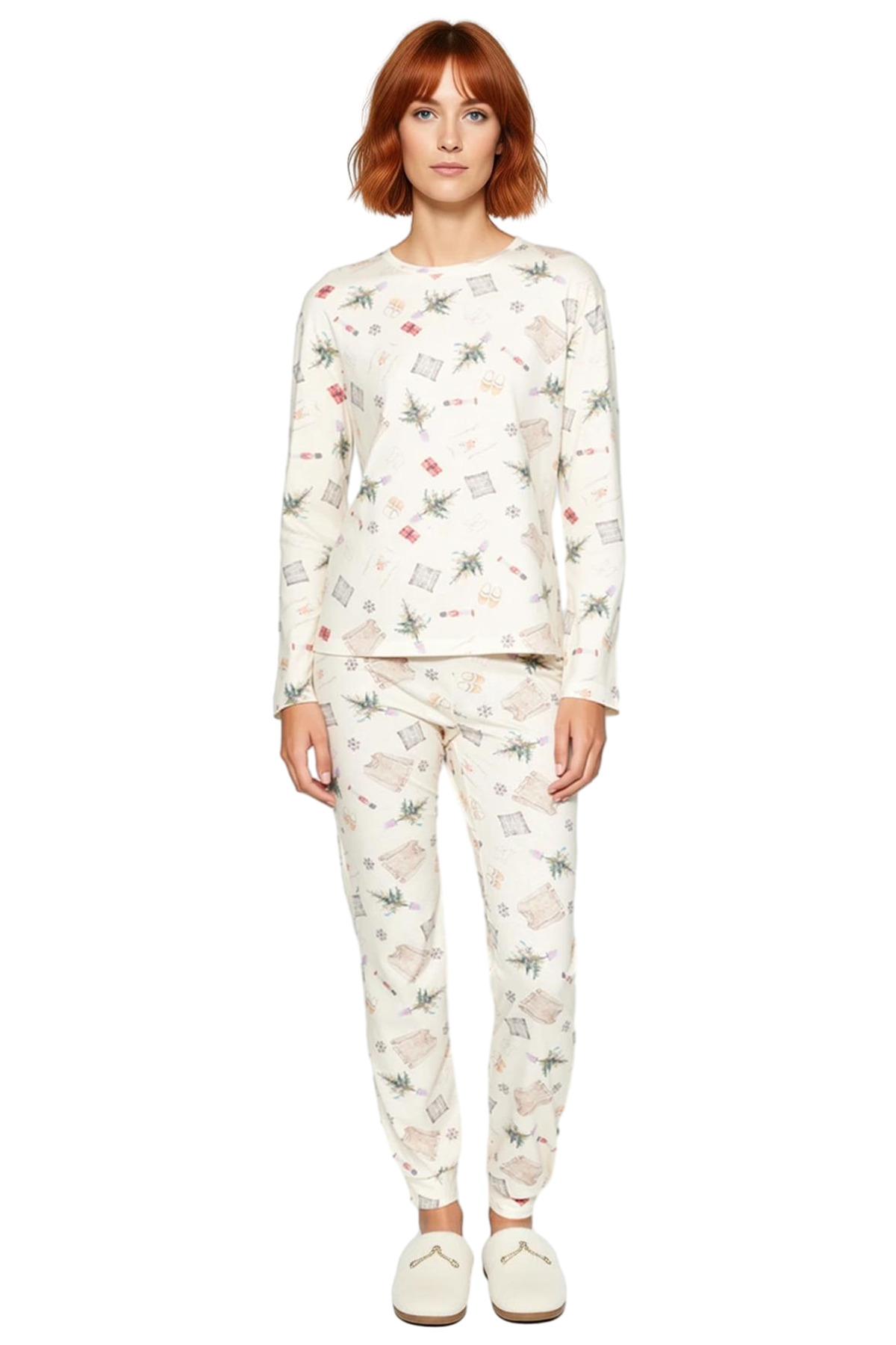 Kadın Yılbaşı Temalı Pamuklu Pijama Takımı Fonksiyonel Dayanıklı Kaliteli Konforlu Estetik