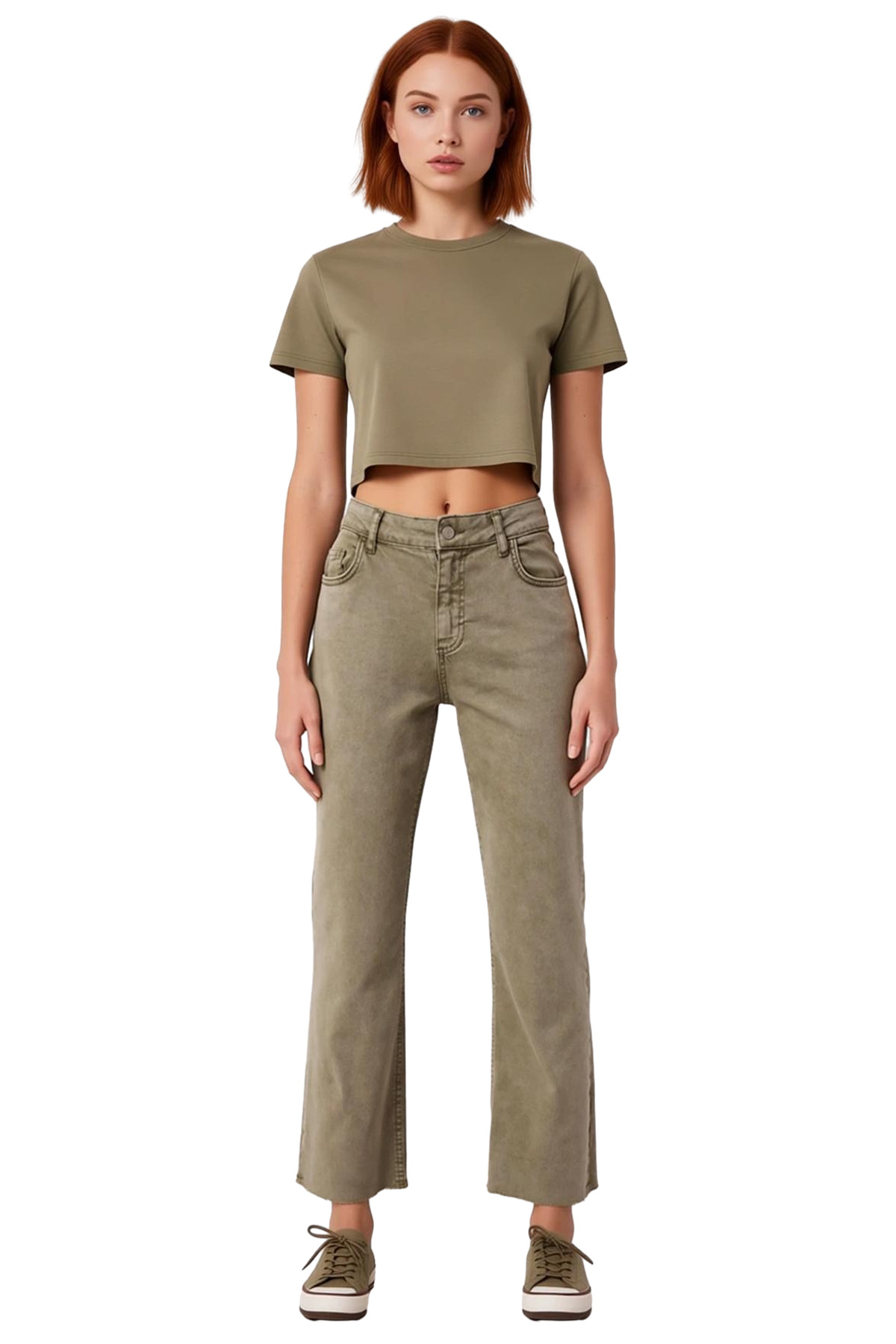 Kadın Haki Yüksek Bel Flare Kesim Crop Jean Pantolon Fonksiyonel Dayanıklı Kaliteli Modern