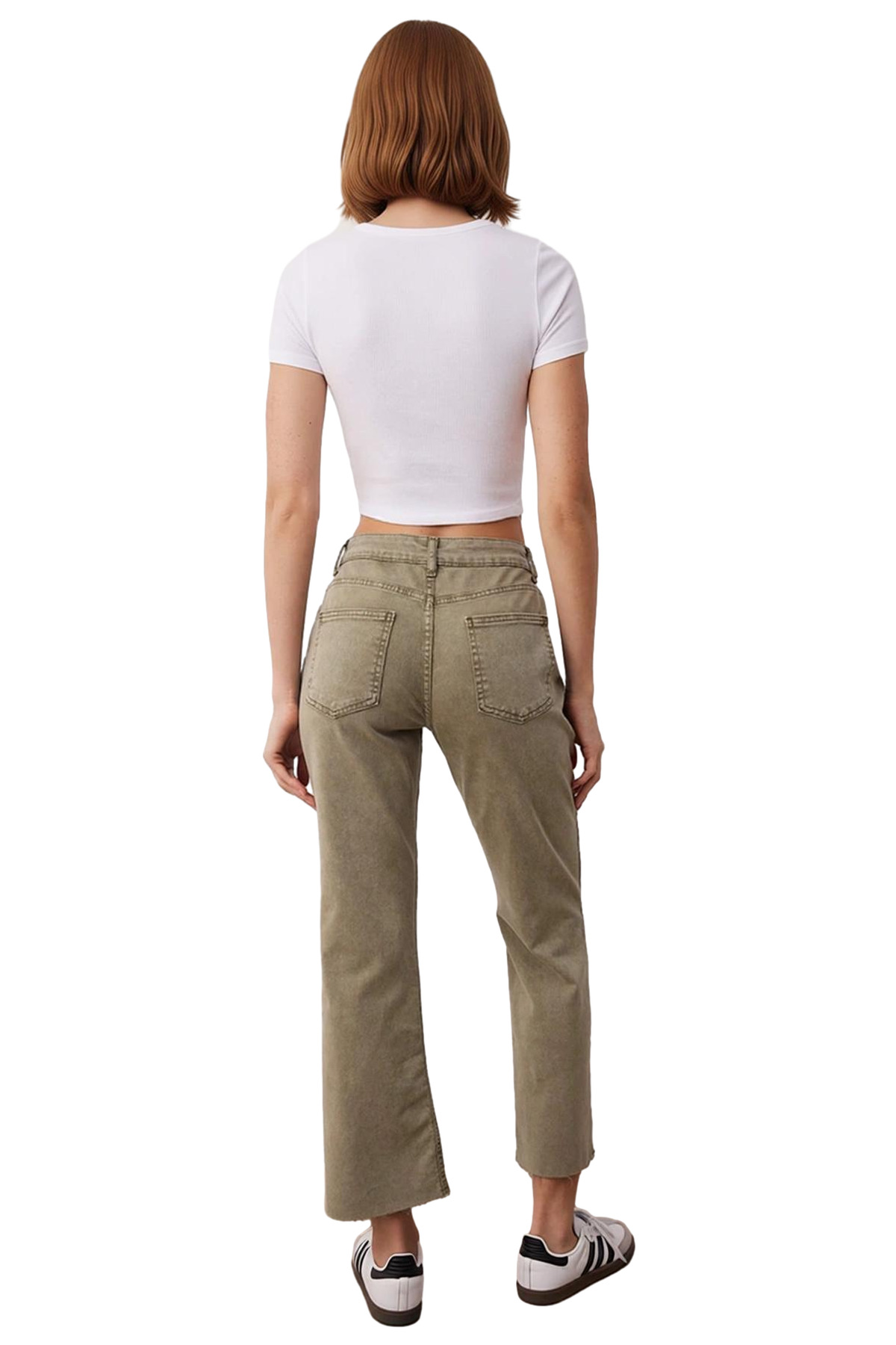 Kadın Haki Yüksek Bel Flare Kesim Crop Jean Pantolon Fonksiyonel Dayanıklı Kaliteli Modern