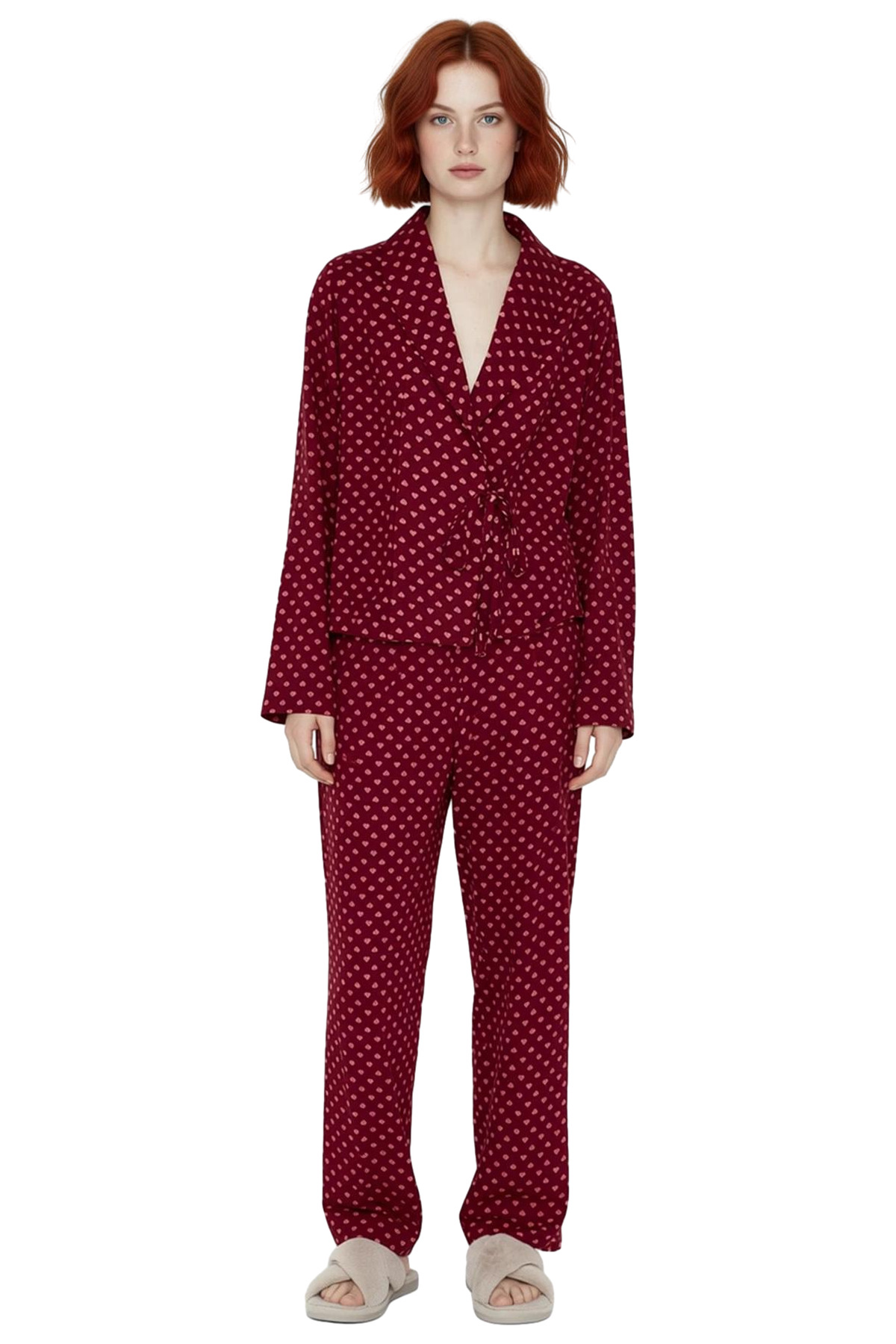 Kadın Kalp Desenli Viskon Pijama Takımı Fonksiyonel Dayanıklı Kaliteli Konforlu Estetik Şık