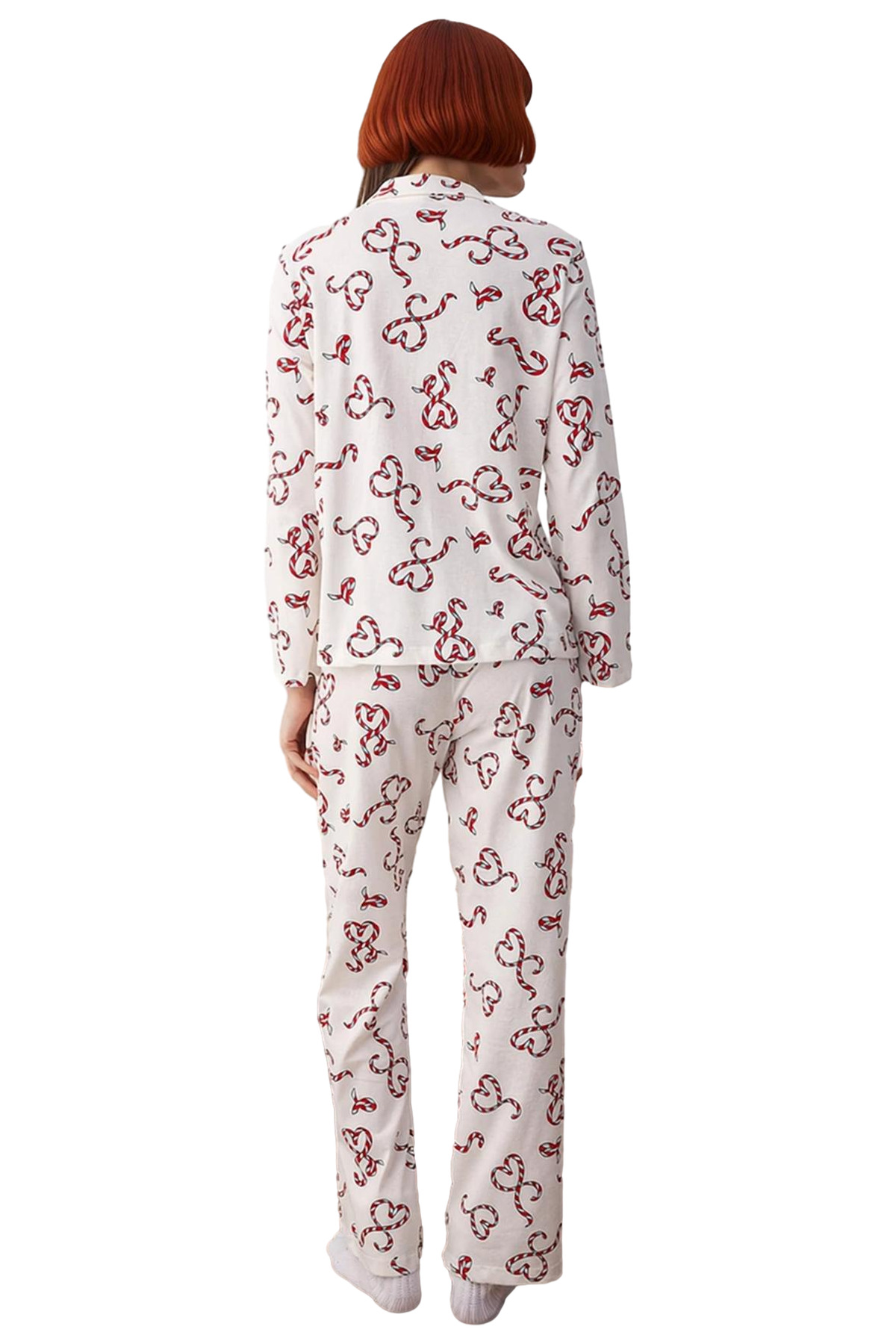 Kadın Kalpli Yılbaşı Desenli Gömlek Yaka Pijama Takımı Fonksiyonel Dayanıklı Kaliteli Spor
