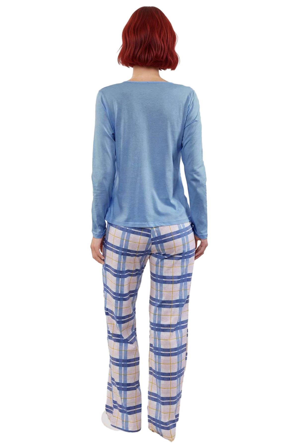 Kadın Rahat V Yaka Pamuklu Pijama Takımı Ekose Desenli Boru Paça Kaliteli İşçilik Yüksek Kalite