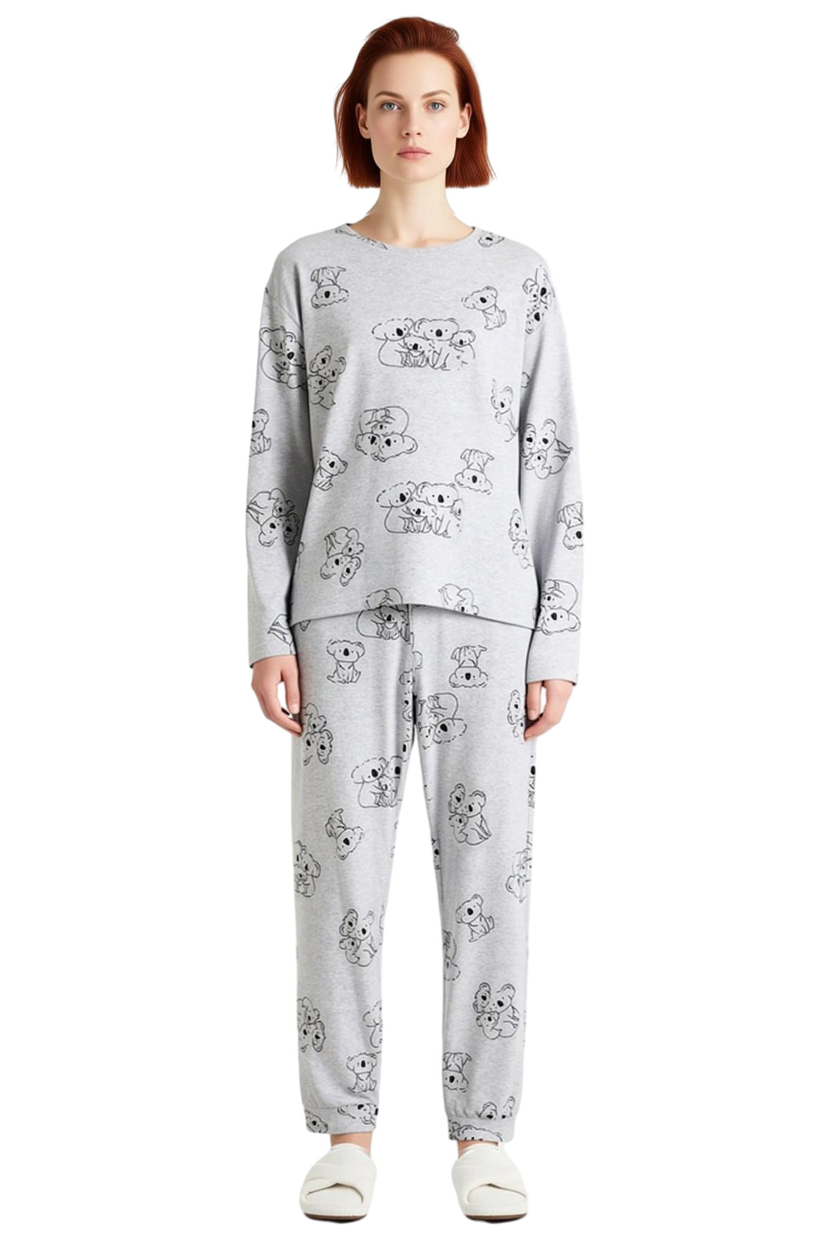 Kadın Koala Desenli Melanj Pijama Takımı Fonksiyonel Dayanıklı Kaliteli Konforlu Estetik Şık
