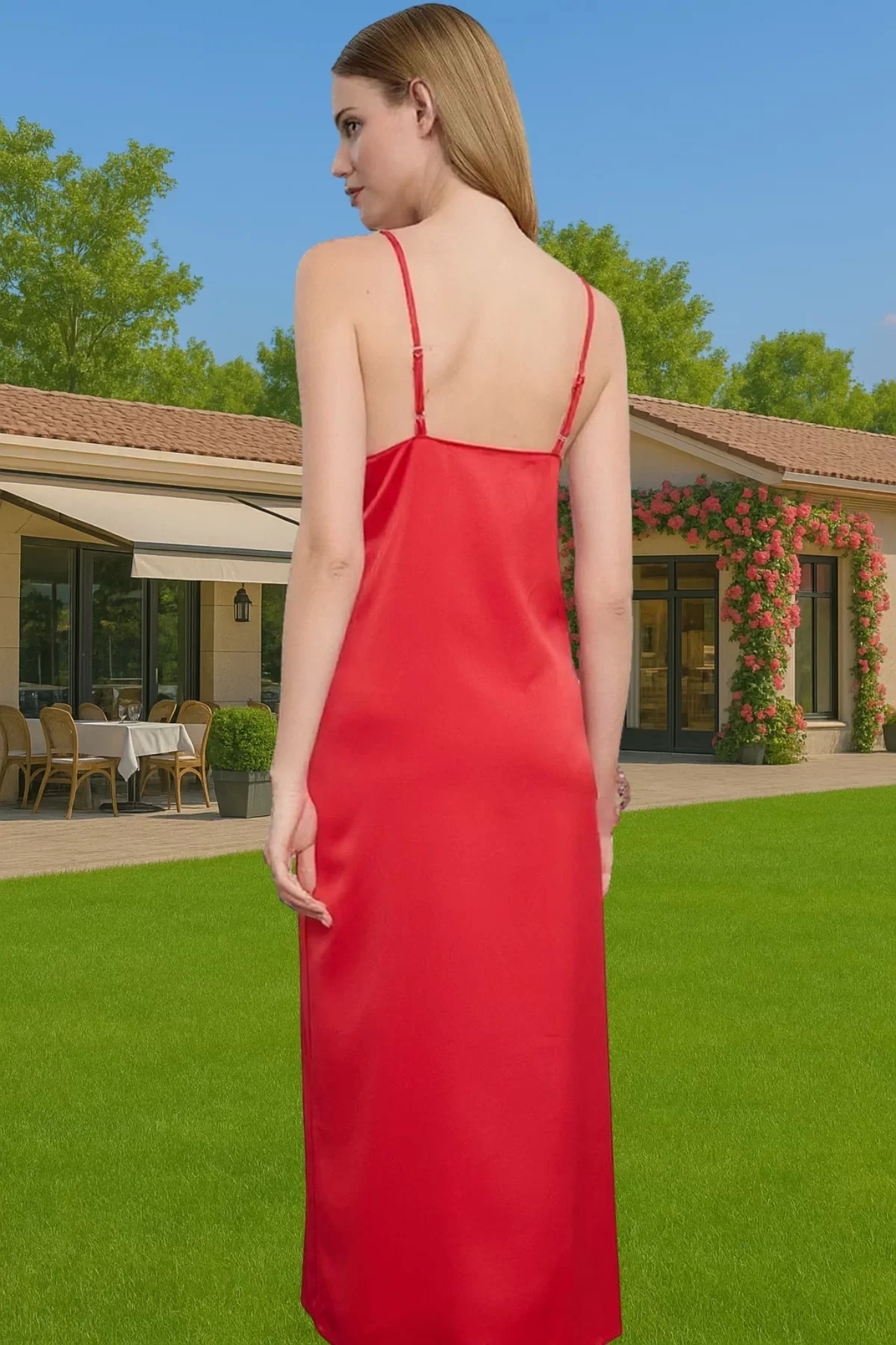 Kadın Midi Boy Saten Abiye Elbise Cut Out Detaylı Rahat Kalıp Özel Günler İçin Günlük Kullanım