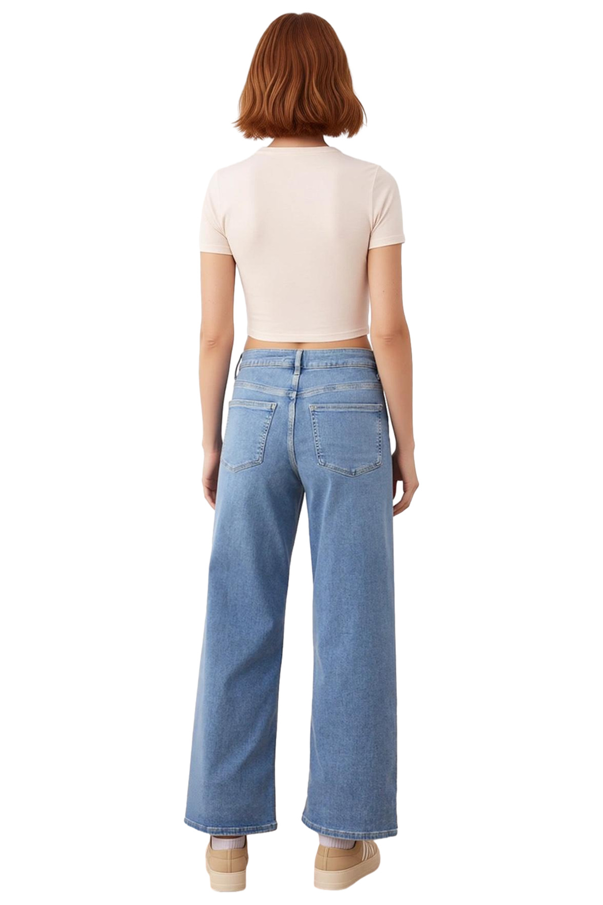 Kadın Yüksek Bel Geniş Paça Denim Pantolon Fonksiyonel Dayanıklı Kaliteli Konforlu Estetik