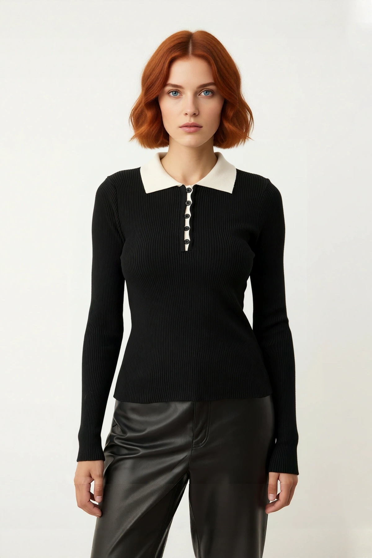 Kadın Fitted Polo Yaka Uzun Kollu Triko Kazak Fitilli Desenli Şık Günlük Modern Kışlık Tasarım