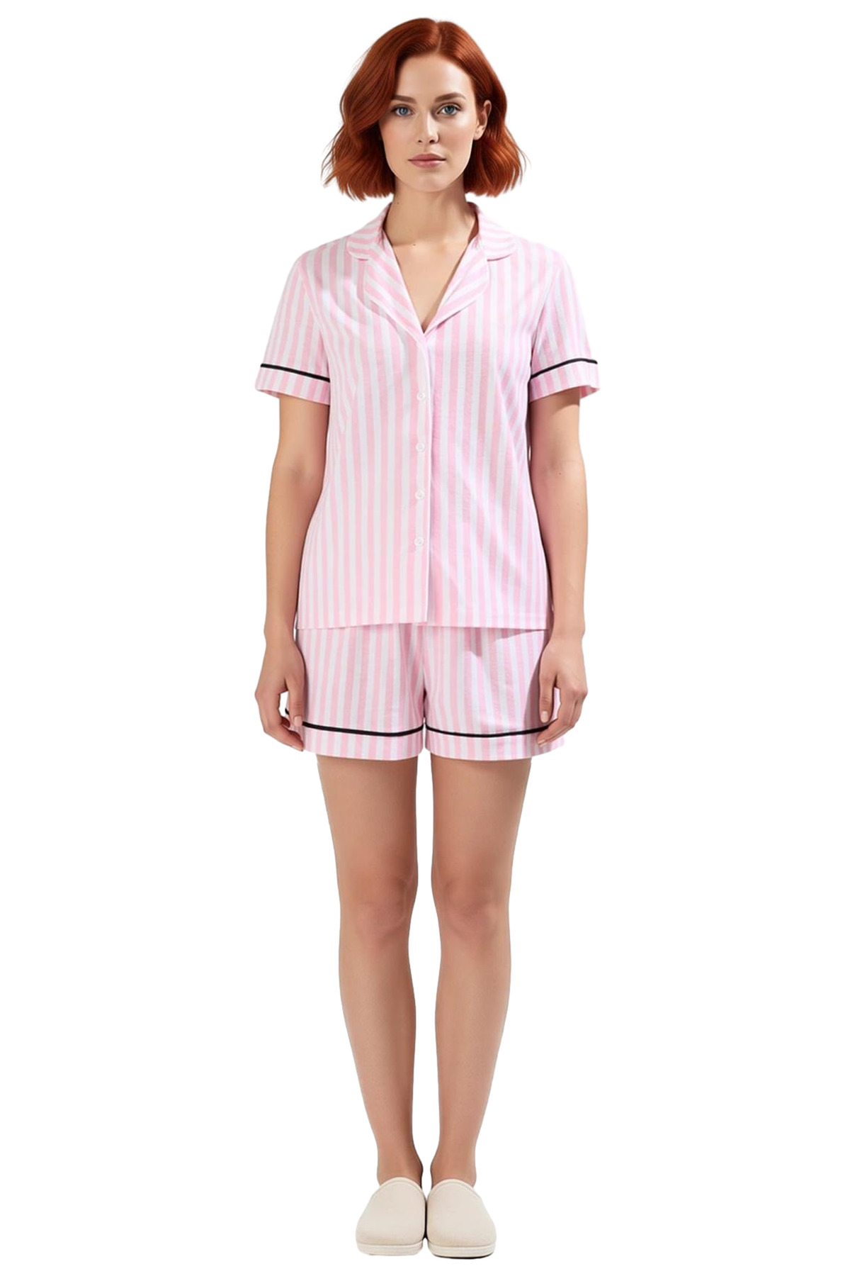Kadın Çizgili Kısa Kollu Örme Pijama Takımı Günlük Kullanım İçin Rahat