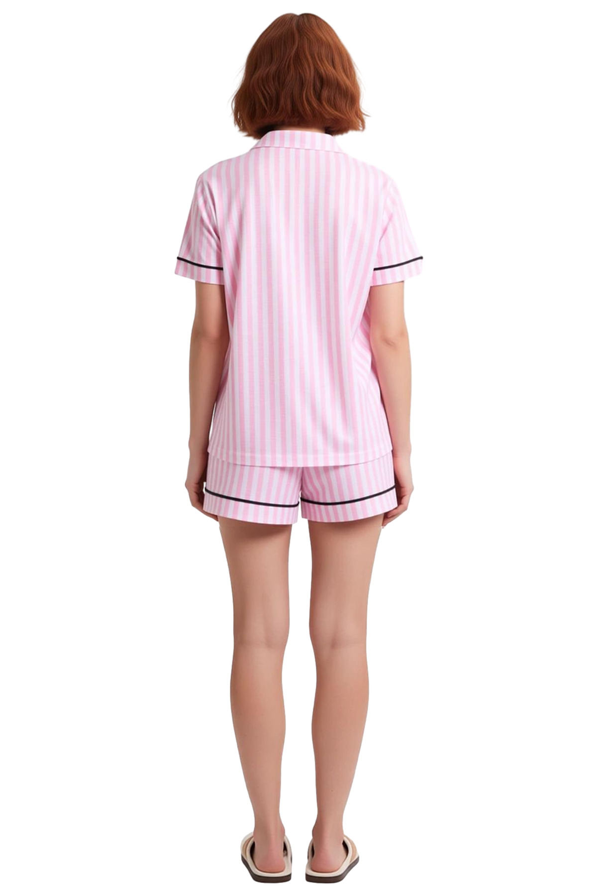 Kadın Çizgili Kısa Kollu Örme Pijama Takımı Günlük Kullanım İçin Rahat