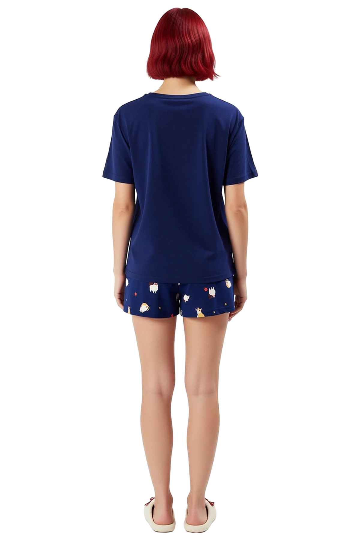 Kadın Kedili %100 Pamuklu Kısa Kollu Pijama Takımı Mükemmel Uyum Dayanıklı Malzeme