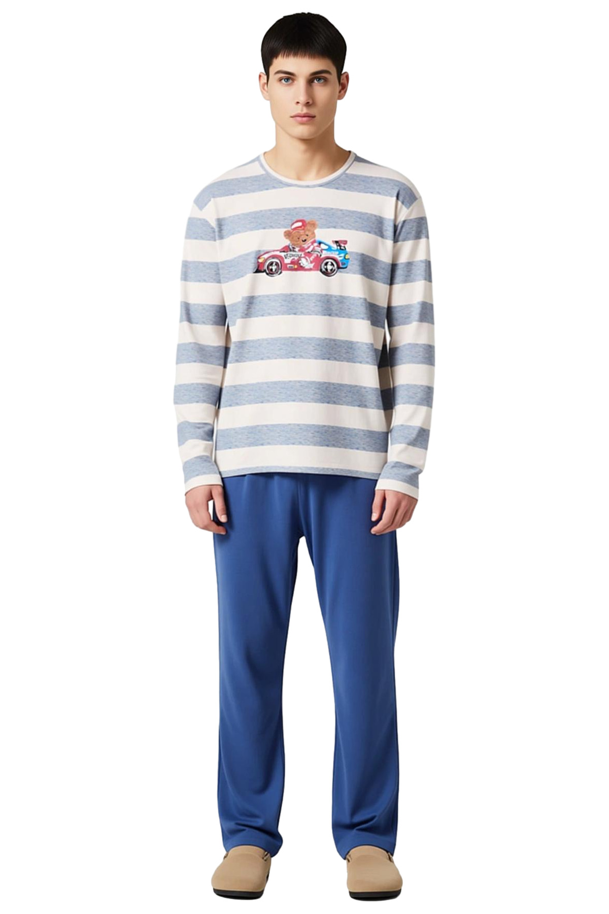 Ayıcık Yarışçı Baskılı Bisiklet Yaka Uzun Kollu Pijama Takımı Erkek Fonksiyonel Dayanıklı Şık