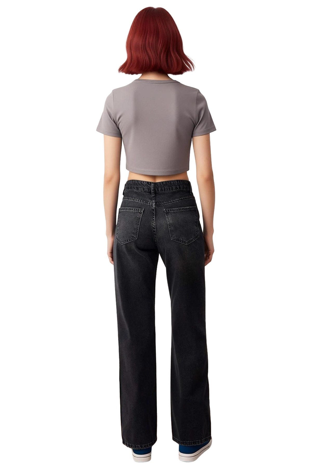 Kadın Antrasit Yüksek Bel Geniş Paça Denim Pantolon Fonksiyonel Dayanıklı Kaliteli Estetik