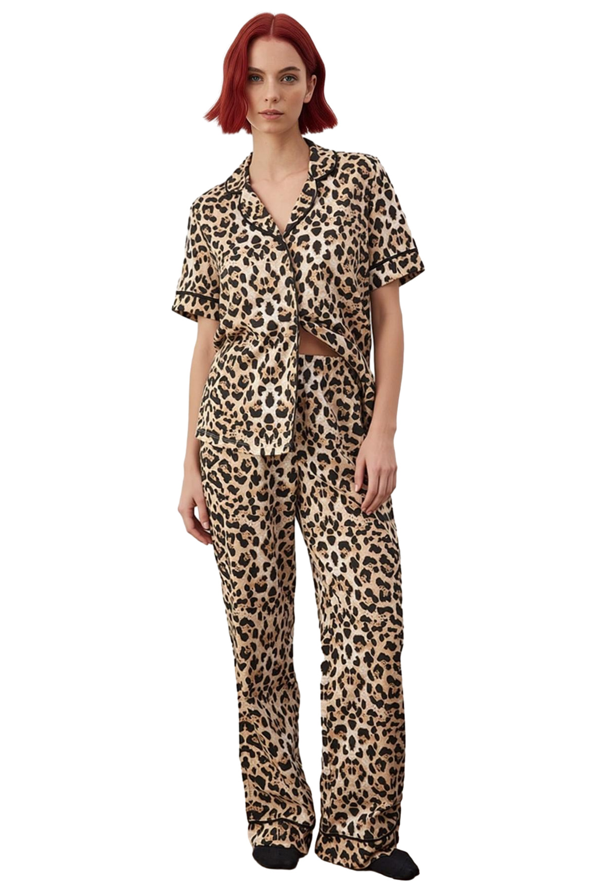 Leopar Desenli Gömlek Yaka Pijama Takımı Kadın Fonksiyonel Dayanıklı Kaliteli Konforlu Şık