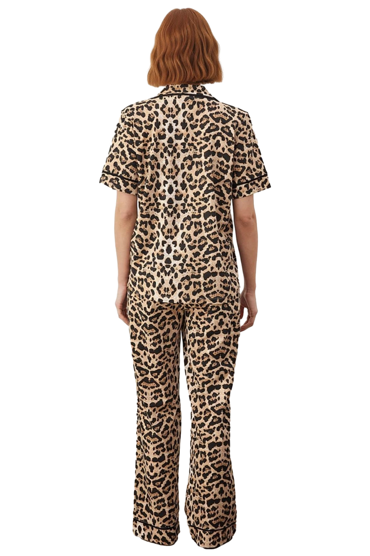Leopar Desenli Gömlek Yaka Pijama Takımı Kadın Fonksiyonel Dayanıklı Kaliteli Konforlu Şık
