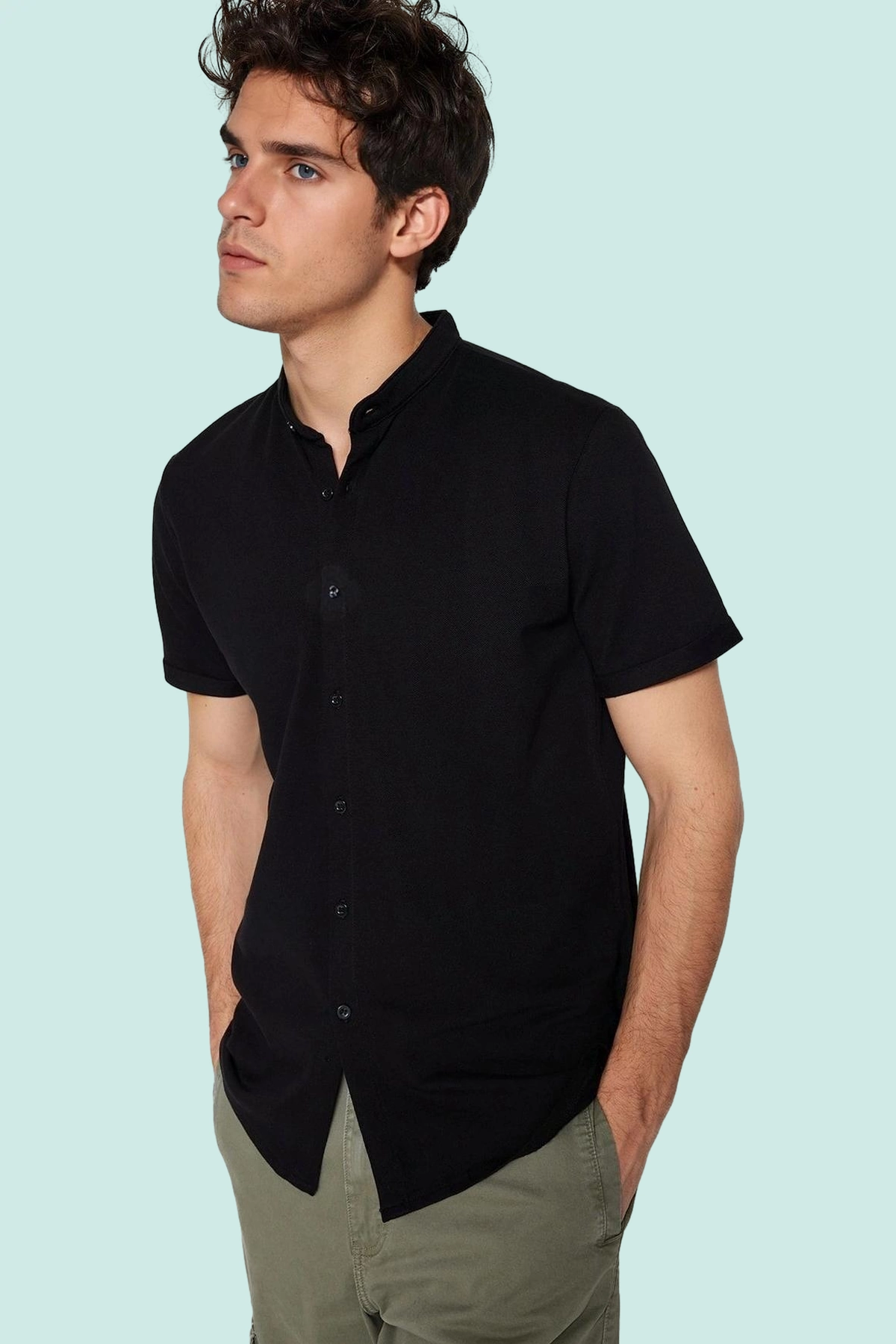 Erkek Kısa Kollu Slim Fit Hakim Yaka Örme Gömlek Pamuklu Günlük Kullanım Dayanıklı Malzeme