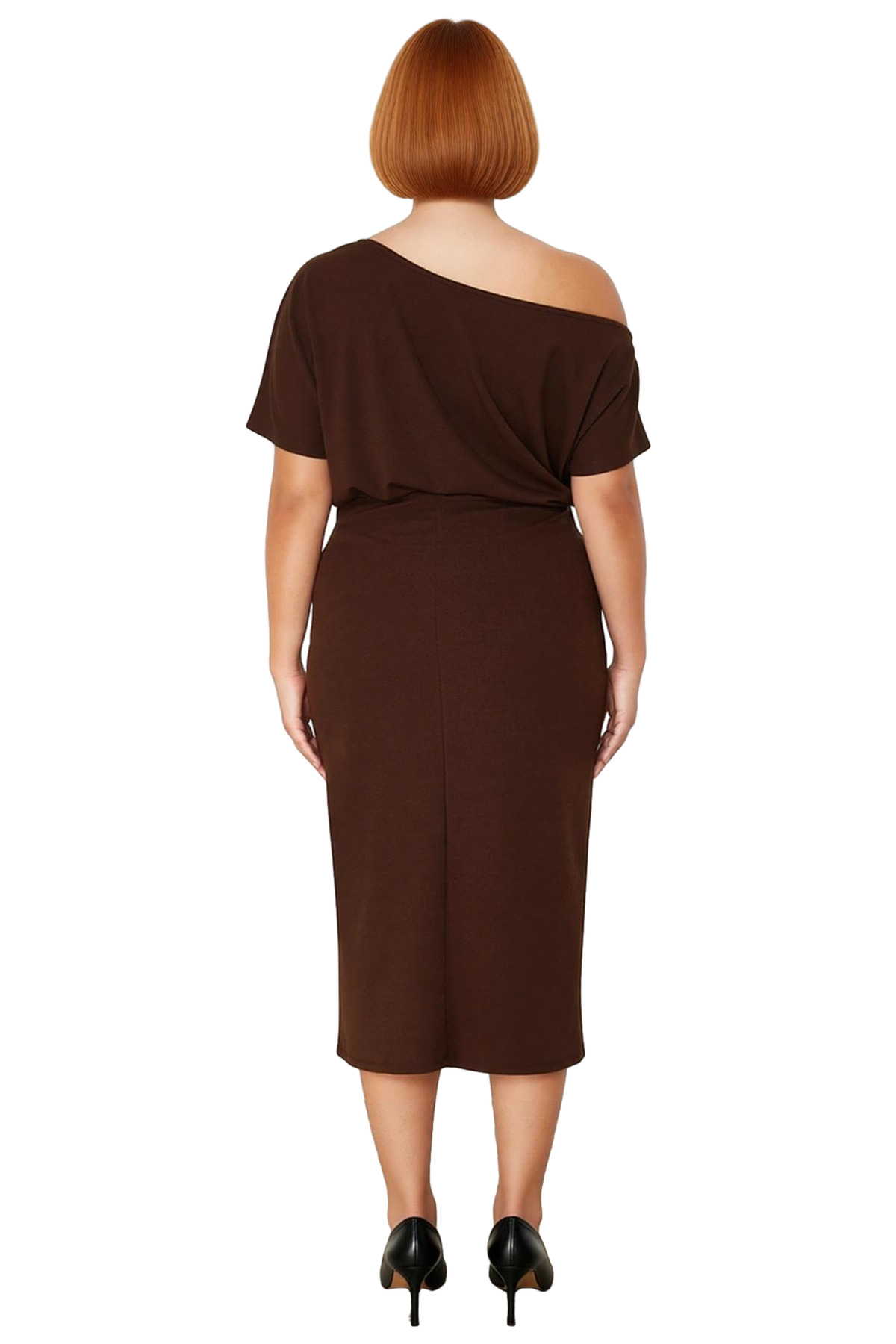 Kadın Asimetrik Yaka Bodycon Midi Elbise Şık Modern Düz Tasarım İlkbahar Sonbahar Davetleri İçin