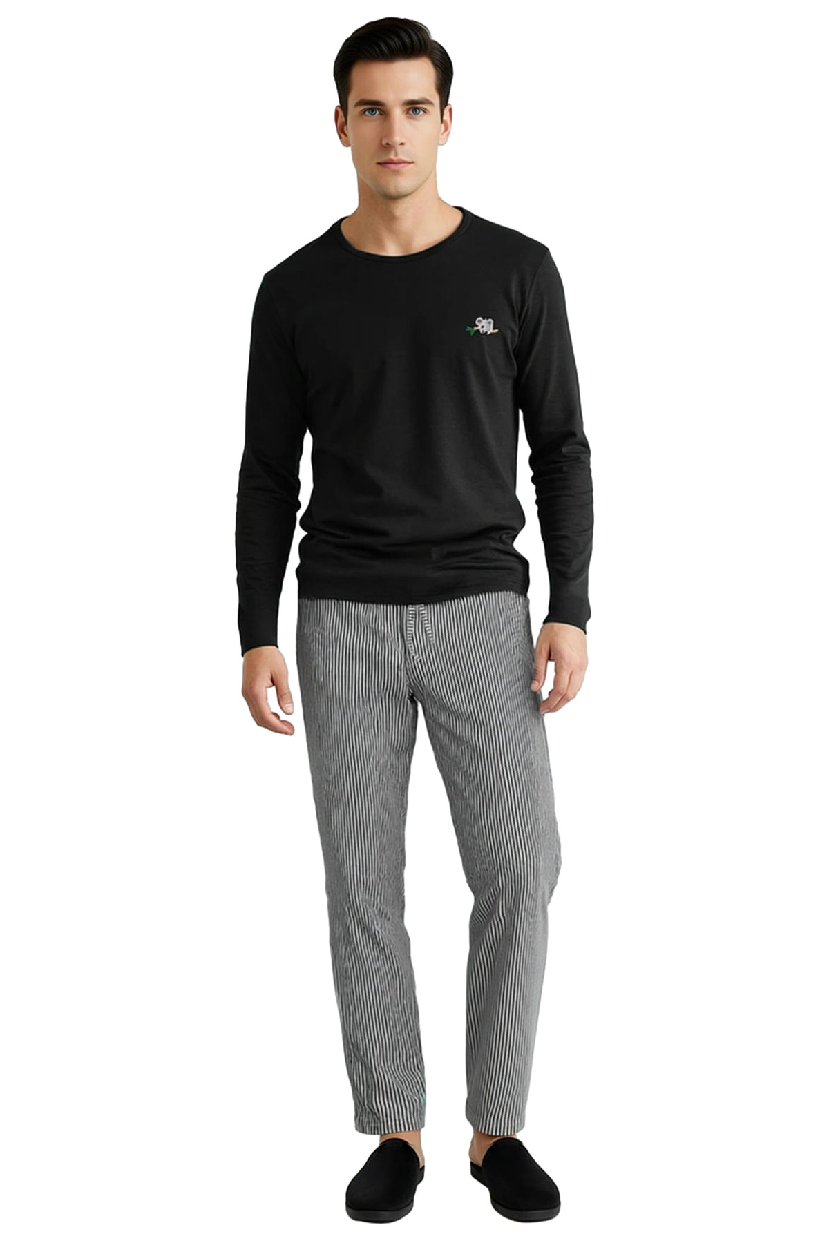 Erkek Nakışlı Bisiklet Yaka Uzun Kollu Pijama Takımı Fonksiyonel Dayanıklı Kaliteli Modern