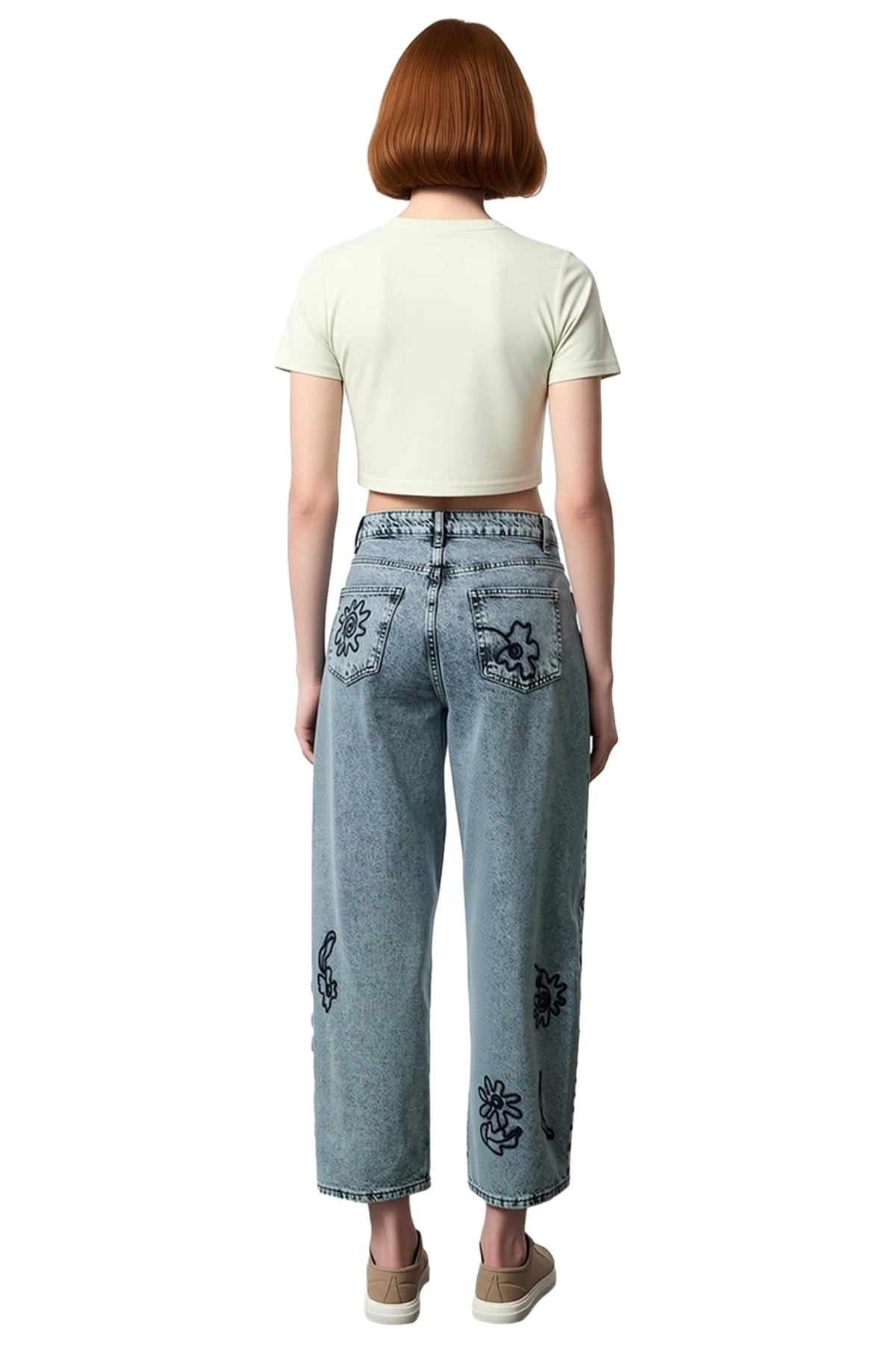Kadın Nakışlı Geniş Paça Denim Pantolon Fonksiyonel Dayanıklı Kaliteli Konforlu Estetik Şık