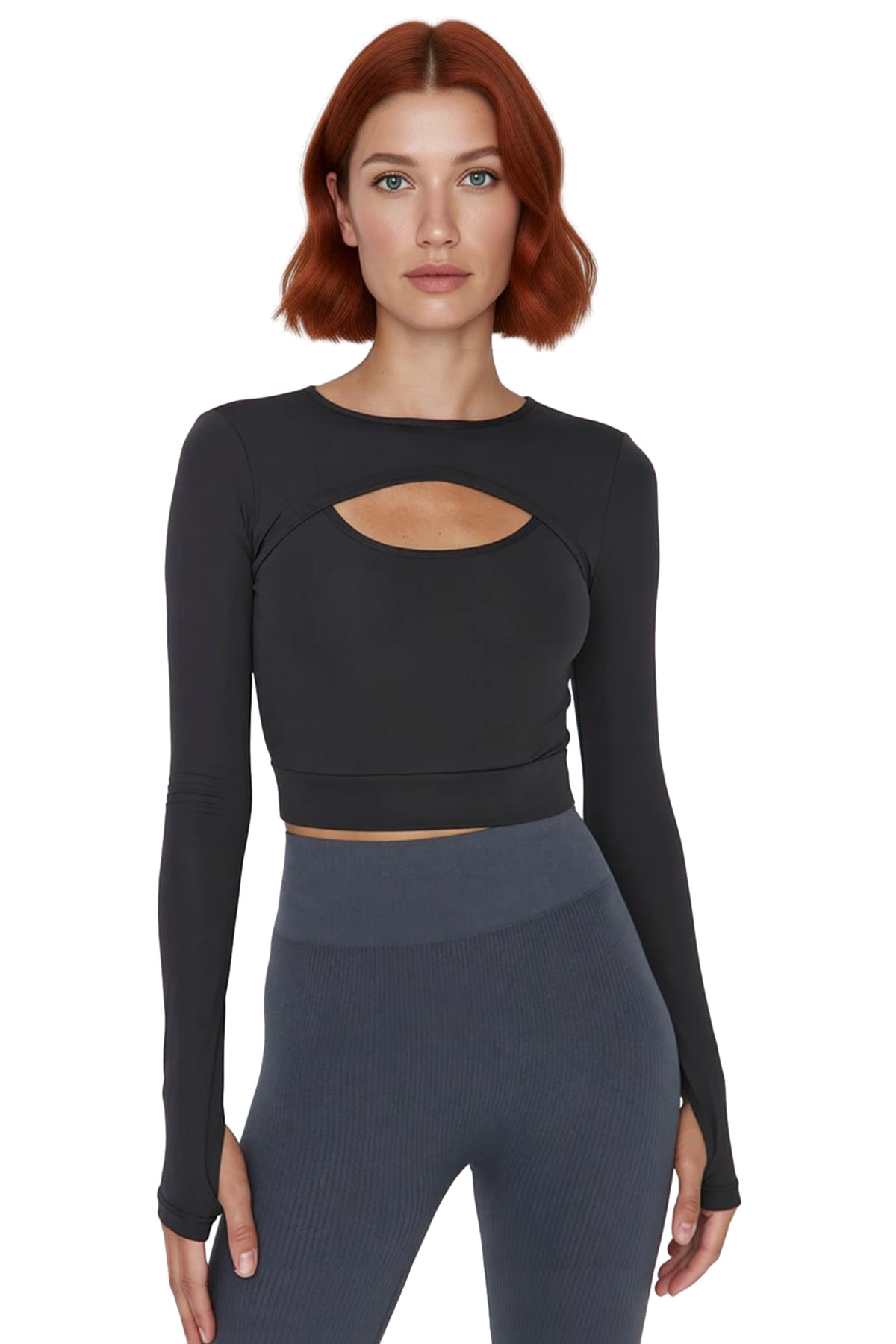 Kadın Fitted Crop Kesim Spor Üst Bluz Bisiklet Yaka Uzun Kollu Dalgıç Kumaş Cool & Comfort Stili
