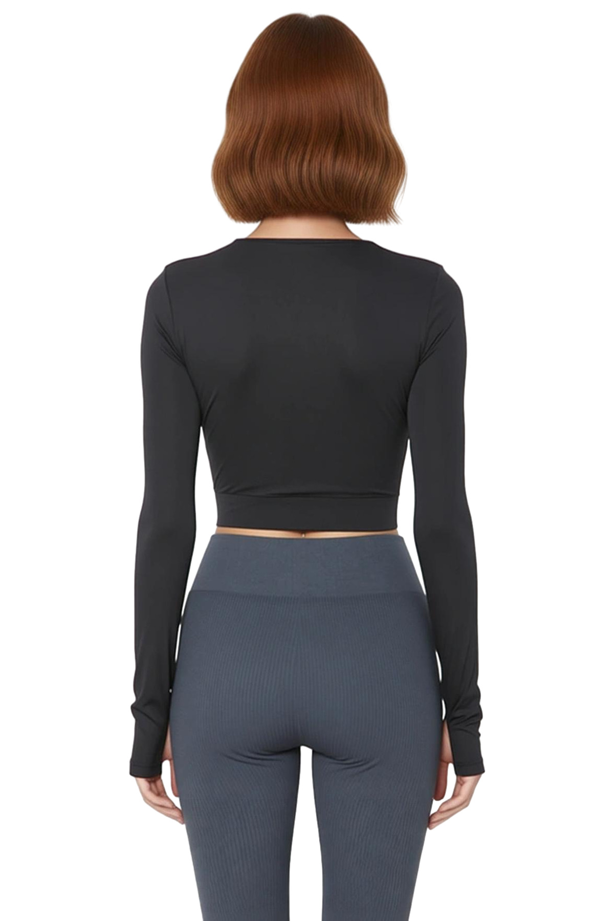 Kadın Fitted Crop Kesim Spor Üst Bluz Bisiklet Yaka Uzun Kollu Dalgıç Kumaş Cool & Comfort Stili
