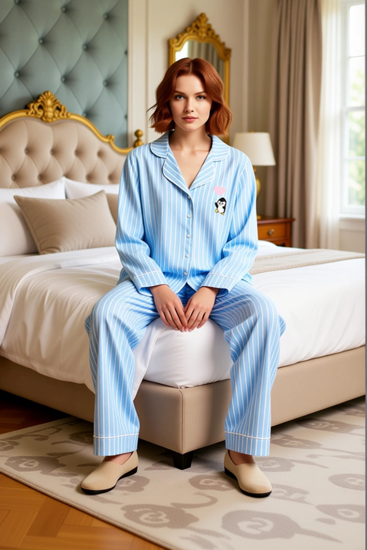 Kadın Açık Çizgili Penguen Detaylı Pijama Takımı Fonksiyonel Dayanıklı Kaliteli Konforlu Şık