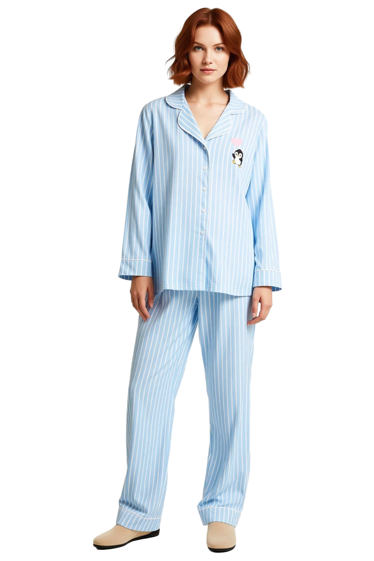 Kadın Açık Çizgili Penguen Detaylı Pijama Takımı Fonksiyonel Dayanıklı Kaliteli Konforlu Şık
